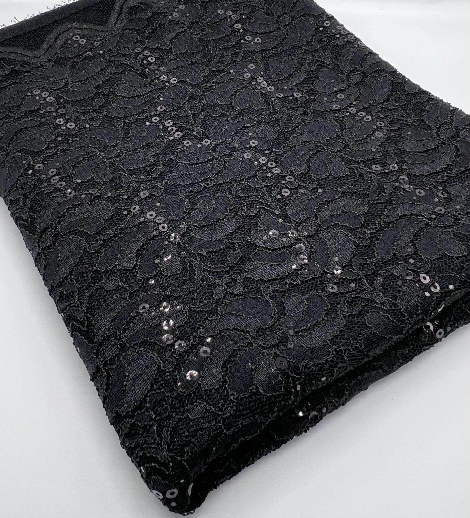 Sequin Black Scalloped Edge Floral Lace Fabric Stretch - T9 Fabrics