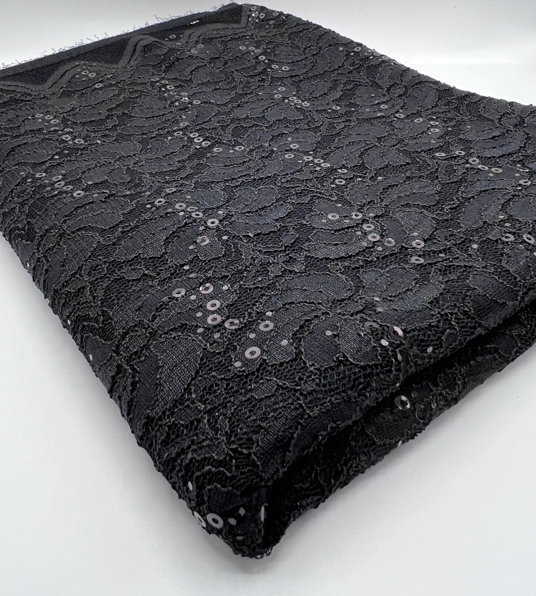 Sequin Black Scalloped Edge Floral Lace Fabric Stretch - T9 Fabrics