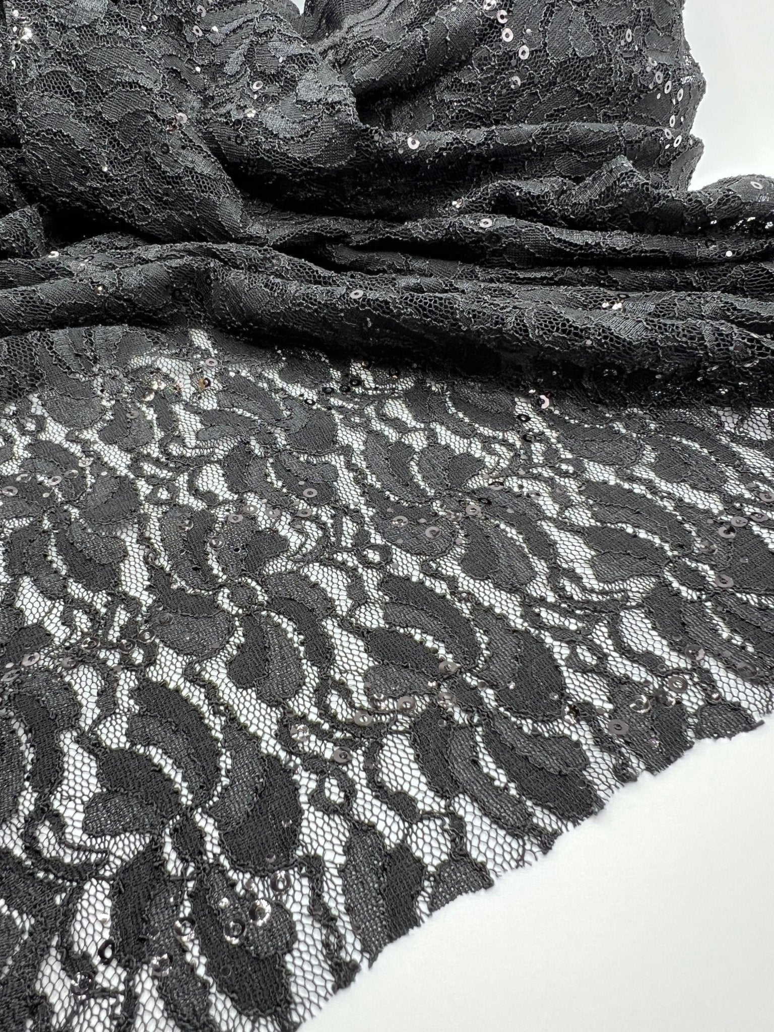 Sequin Black Scalloped Edge Floral Lace Fabric Stretch - T9 Fabrics