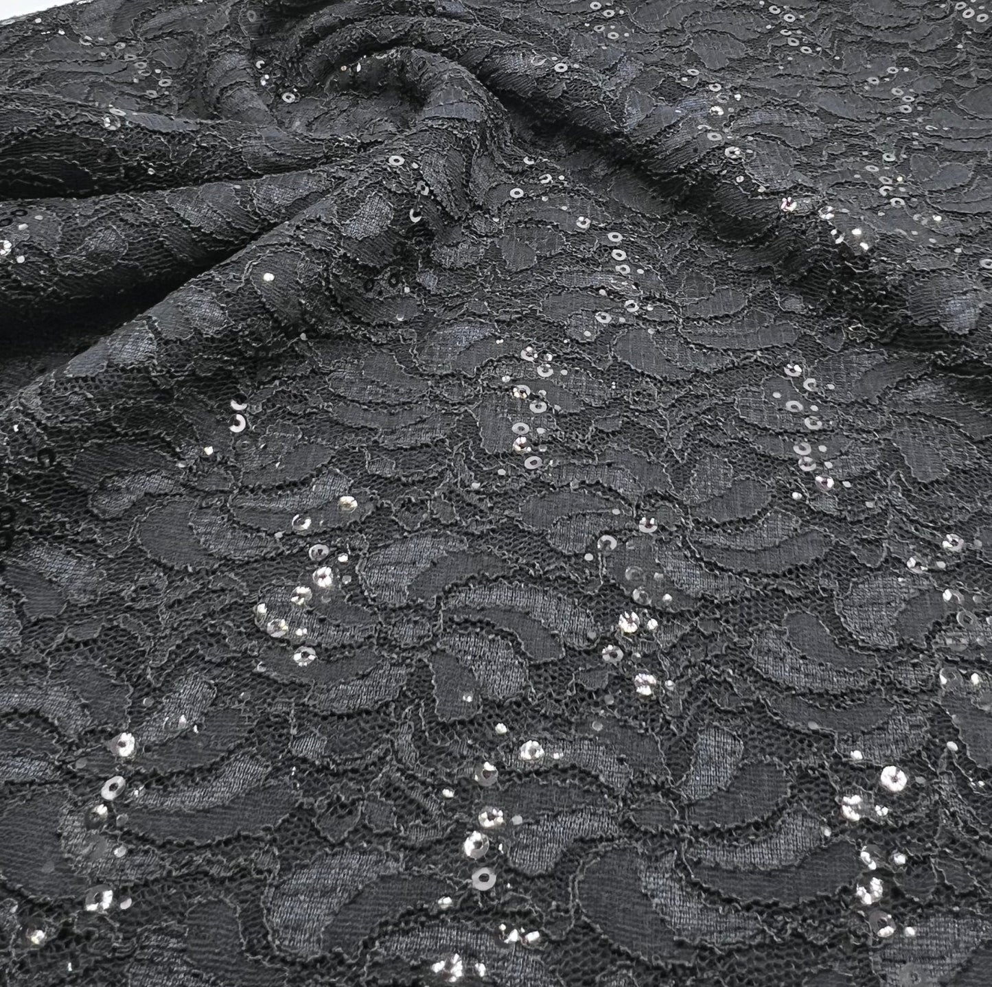 Sequin Black Scalloped Edge Floral Lace Fabric Stretch - T9 Fabrics