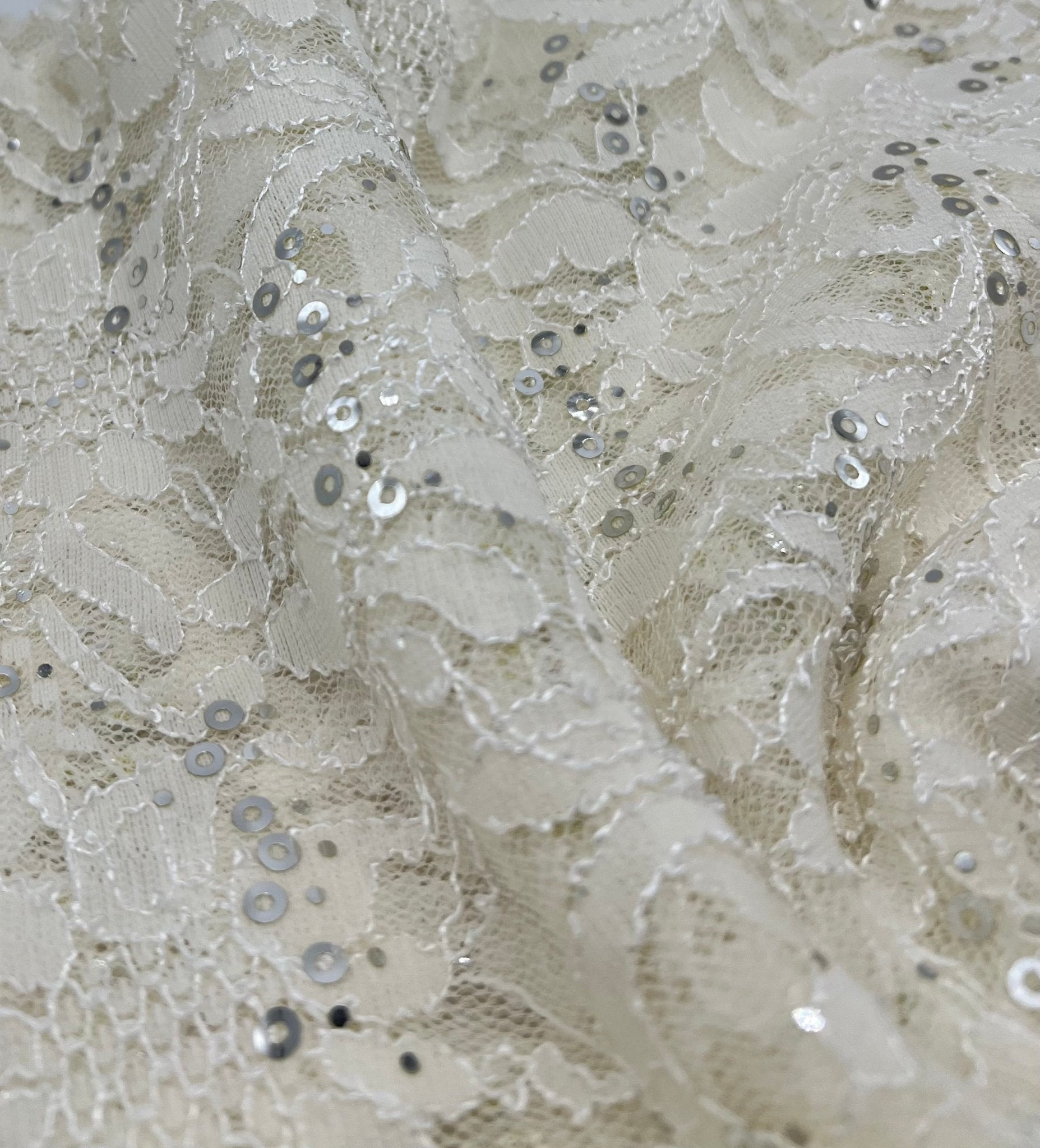Sequin Ivory Scalloped Edge Floral Lace Fabric Stretch - T9 Fabrics