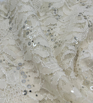 Sequin Ivory Scalloped Edge Floral Lace Fabric Stretch - T9 Fabrics