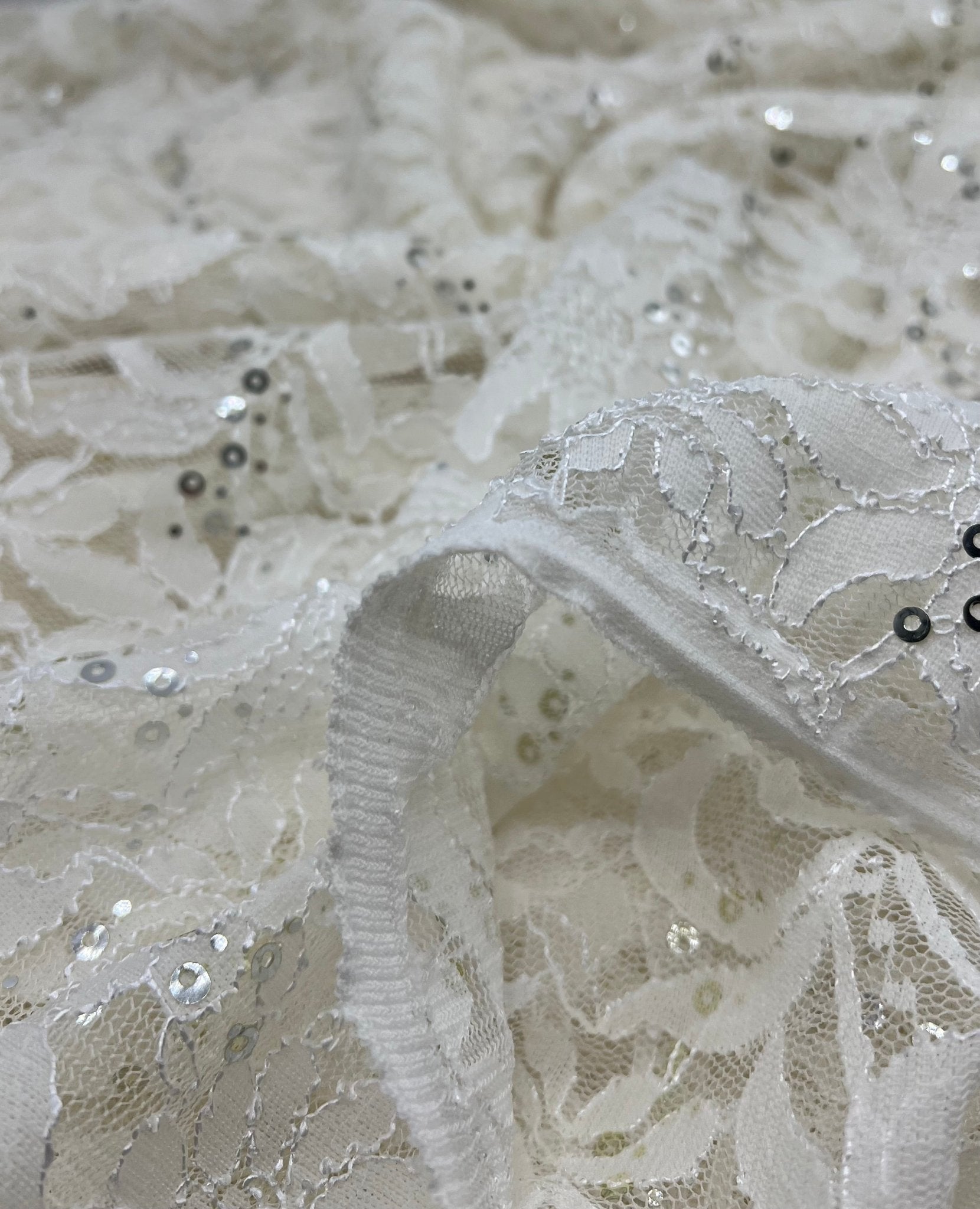 Sequin Ivory Scalloped Edge Floral Lace Fabric Stretch - T9 Fabrics