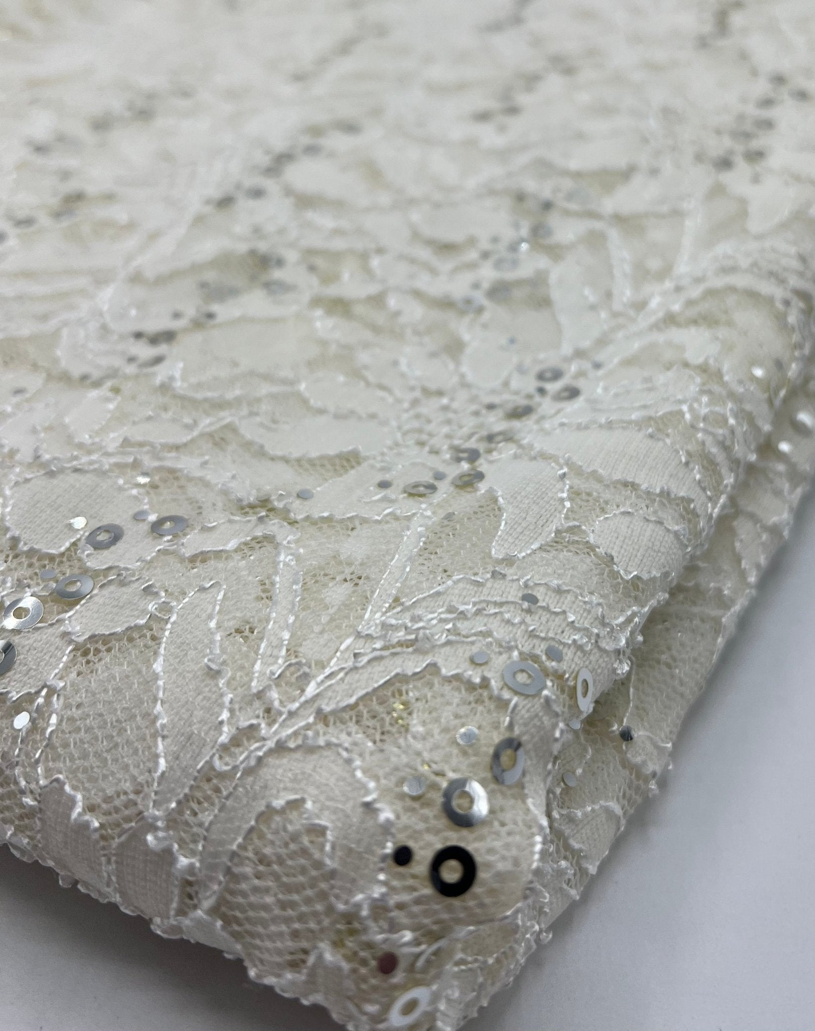 Sequin Ivory Scalloped Edge Floral Lace Fabric Stretch - T9 Fabrics