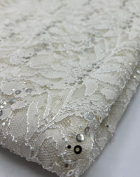 Sequin Ivory Scalloped Edge Floral Lace Fabric Stretch - T9 Fabrics