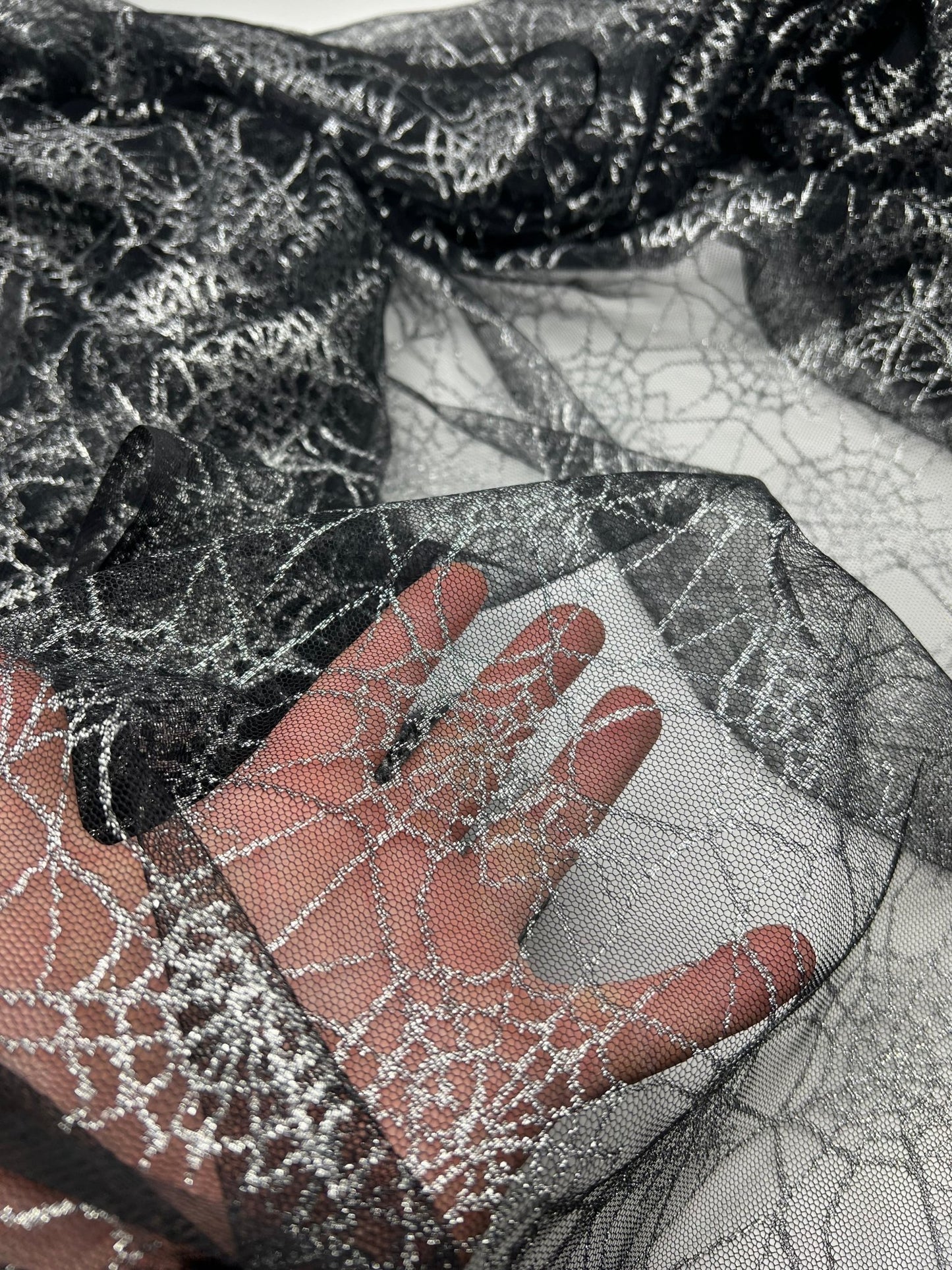 Silver Black Cobweb Halloween Print Mesh Fabric Stretch - T9 Fabrics