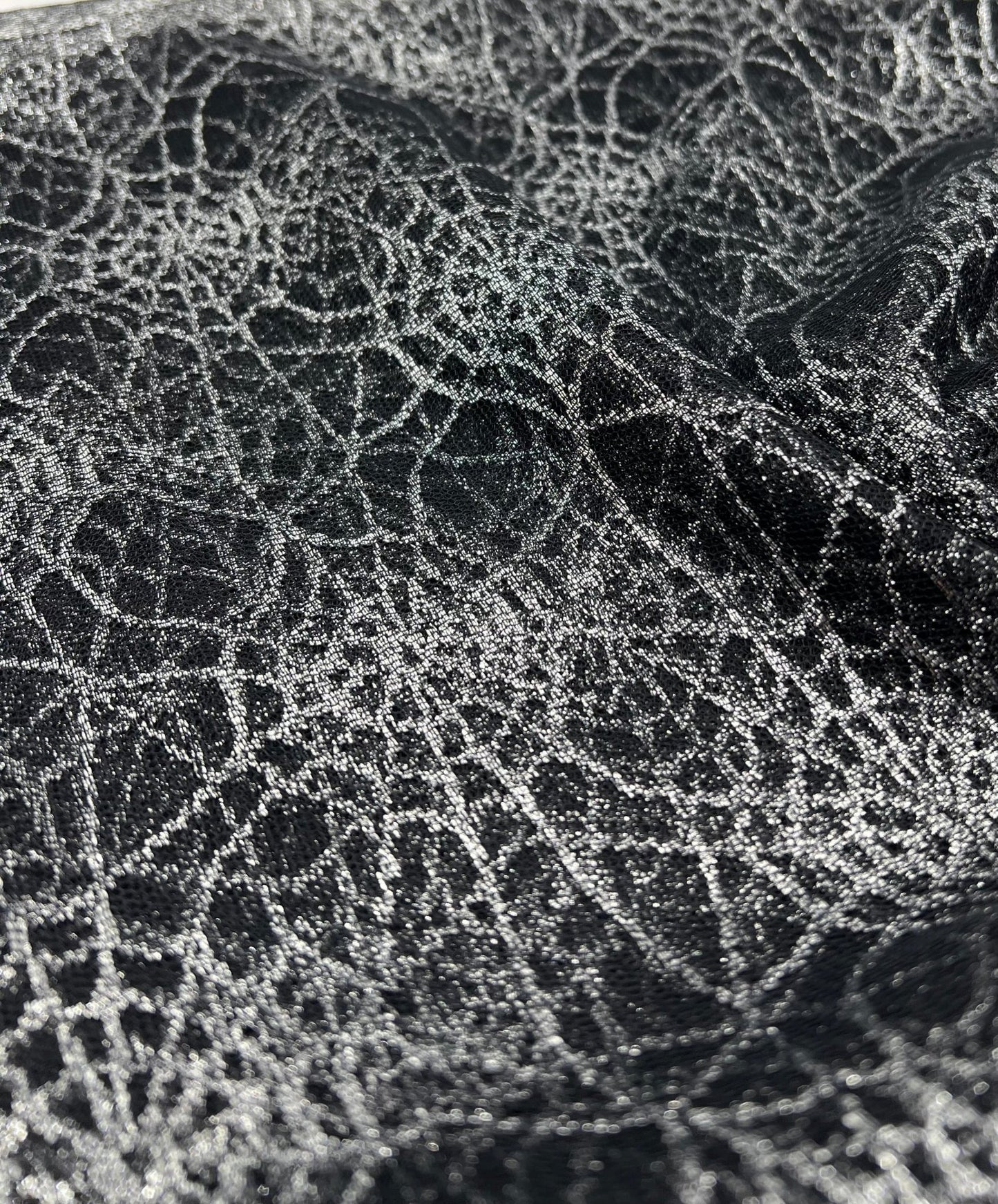 Silver Black Cobweb Halloween Print Mesh Fabric Stretch - T9 Fabrics