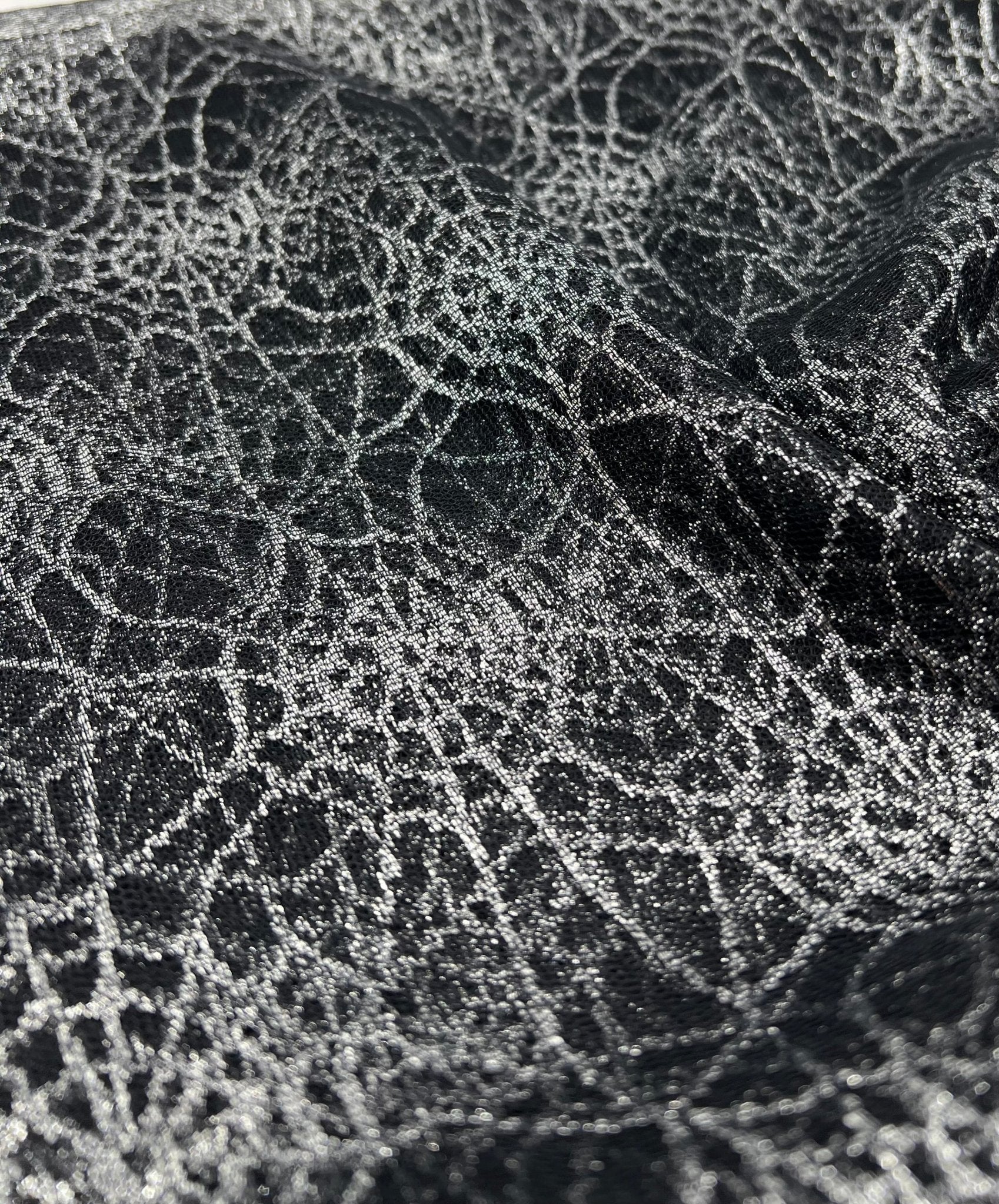 Silver Black Cobweb Halloween Print Mesh Fabric Stretch - T9 Fabrics