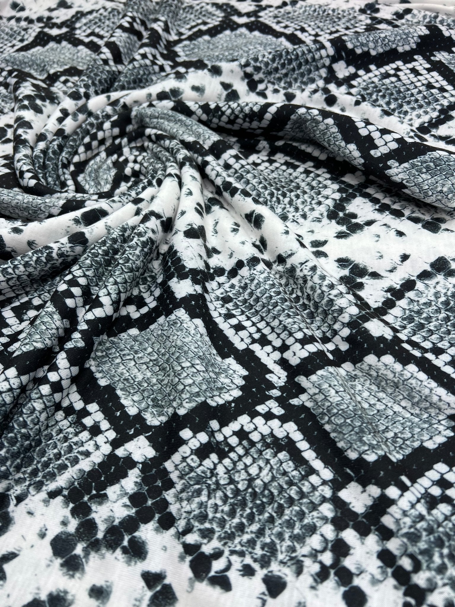 Silver Grey Snake Print Spun Poly Stretch Fabric - T9 Fabrics