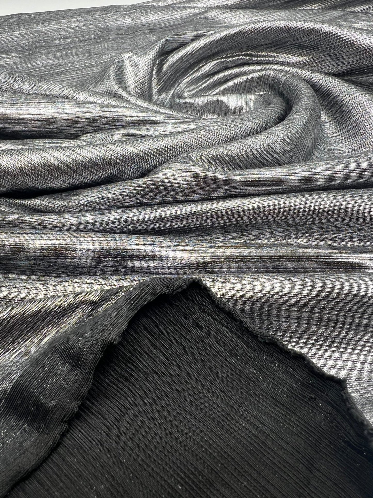 Silver On Black Metallic Foil Rib Fabric - T9 Fabrics