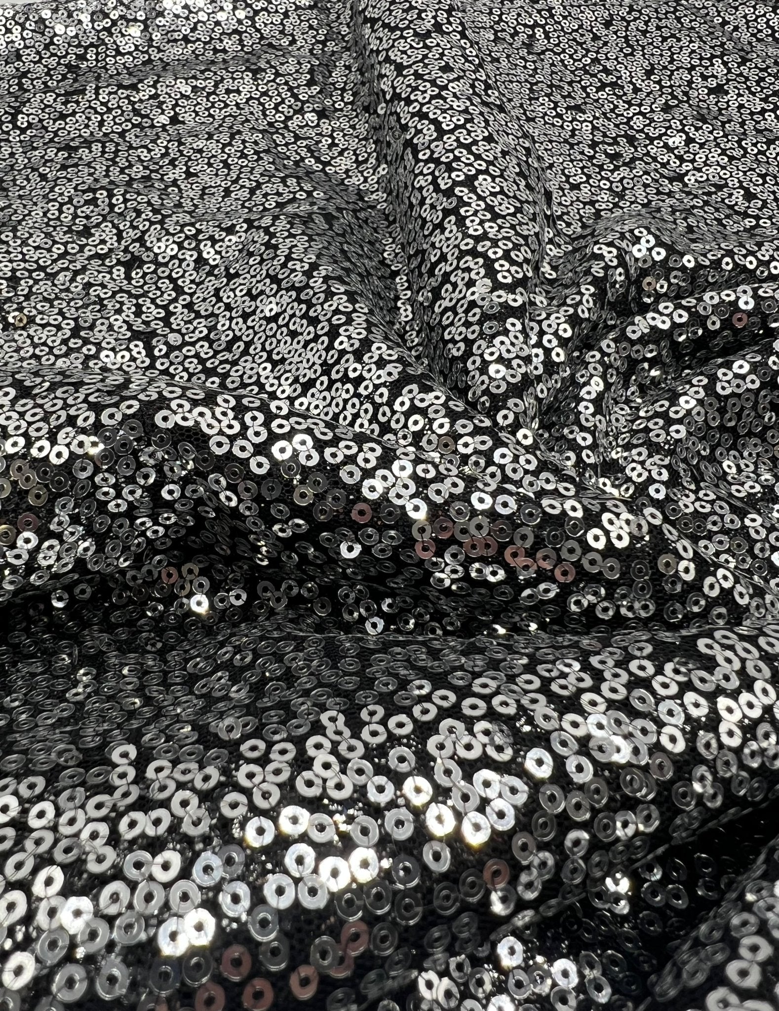 Silver On Black Sequin Detail Non Stretch Fabric - T9 Fabrics