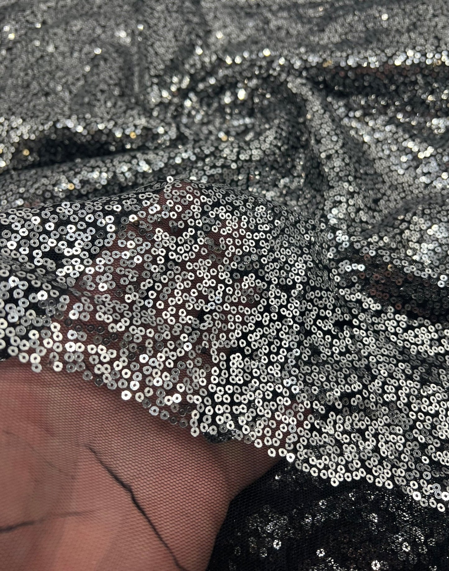 Silver On Black Sequin Detail Non Stretch Fabric - T9 Fabrics