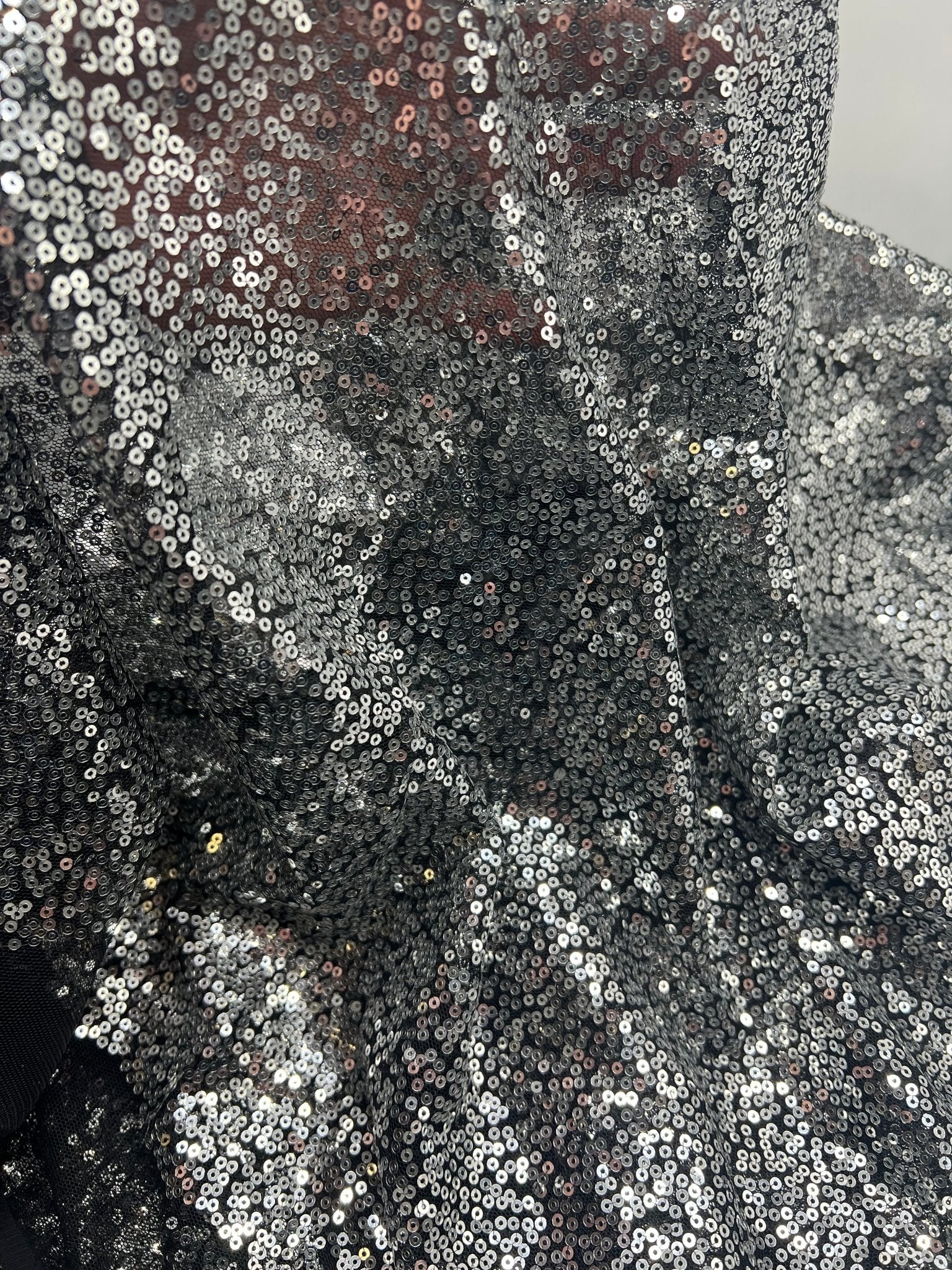 Silver On Black Sequin Detail Non Stretch Fabric - T9 Fabrics