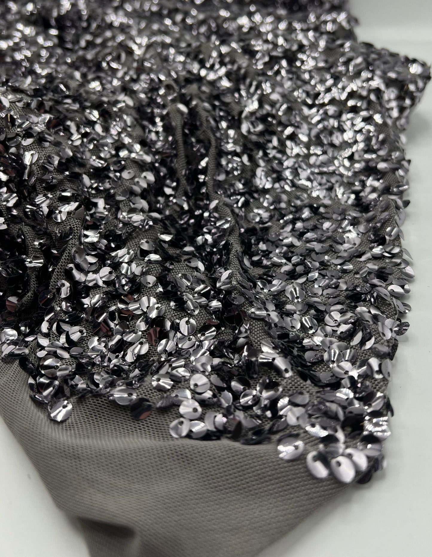 Silver On Grey Large Sequin Detail Fabric - T9 Fabrics