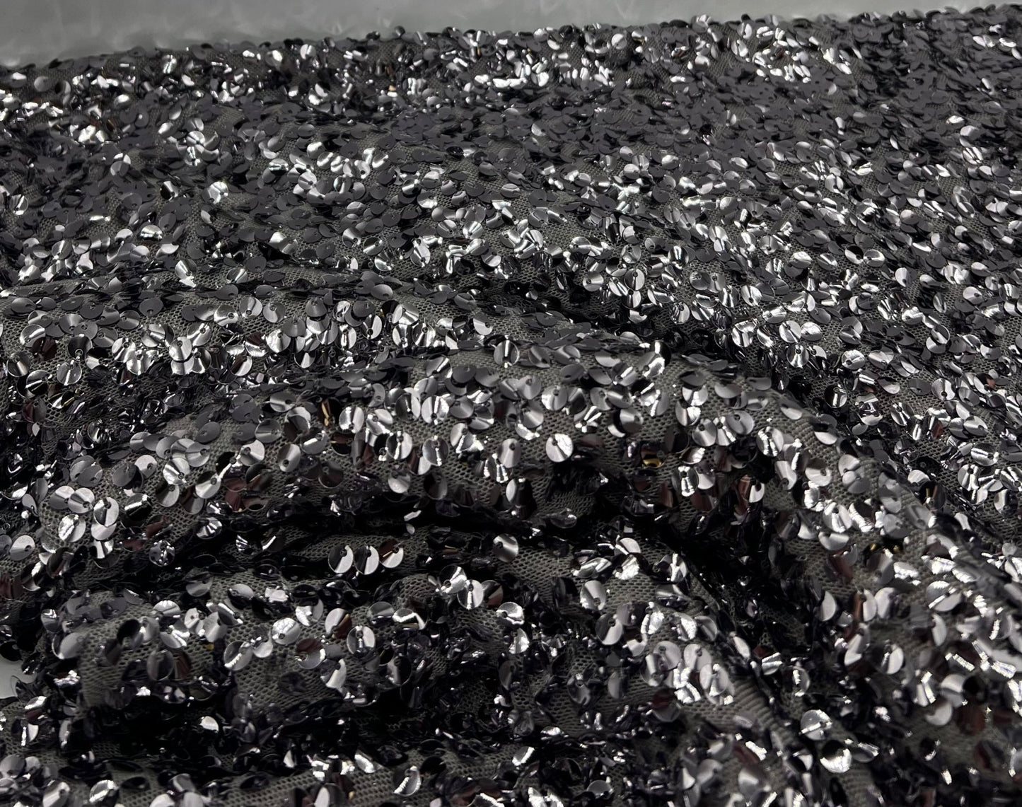 Silver On Grey Large Sequin Detail Fabric - T9 Fabrics