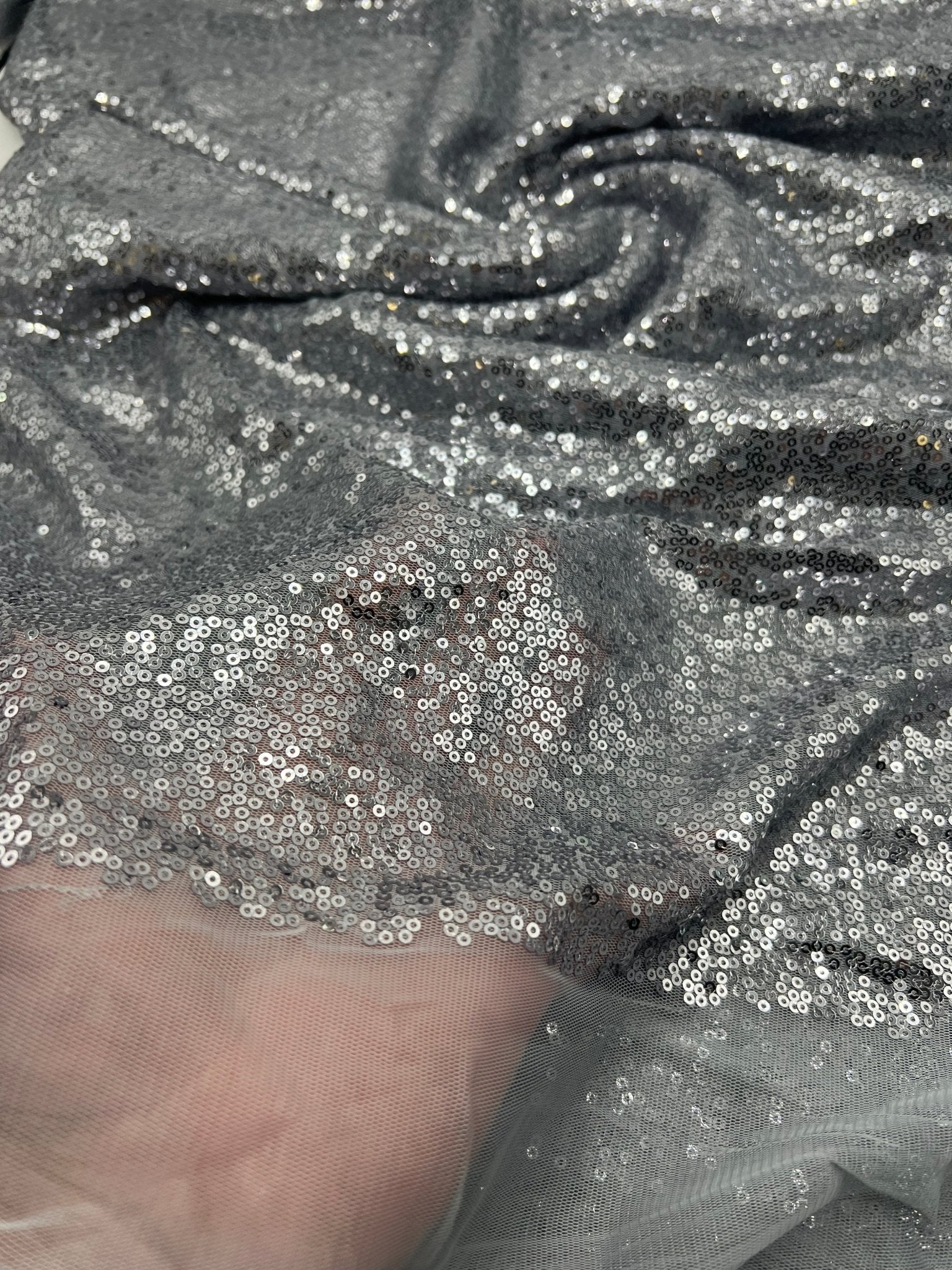 Silver On Grey Sequin Detail Non Stretch Fabric - T9 Fabrics