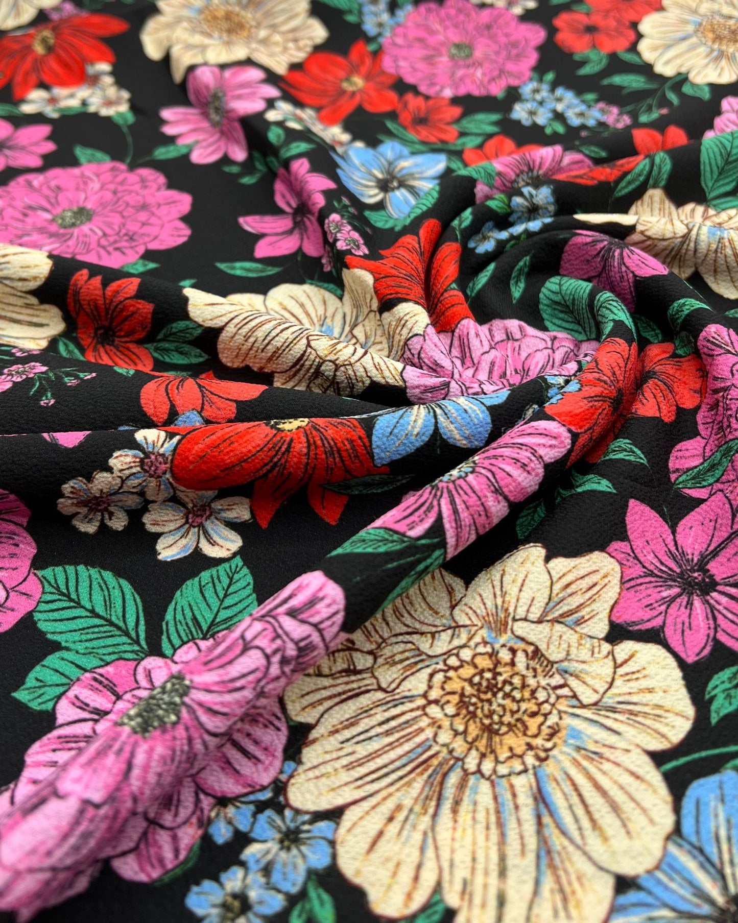 Sketch Floral Print Lightweight Bubble Crepe Fabric - T9 Fabrics