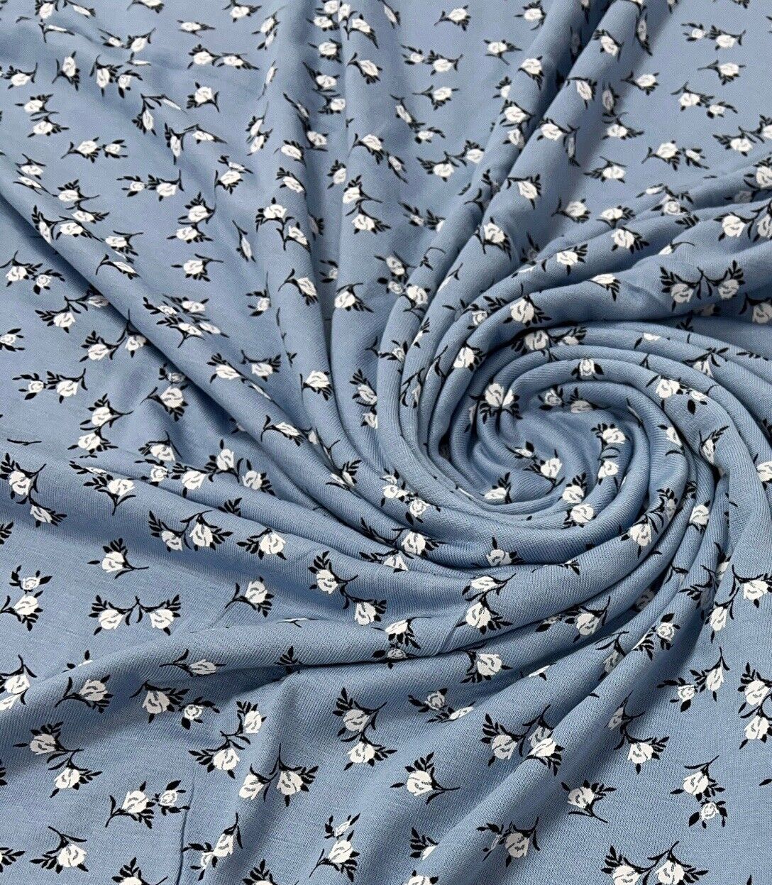 Sky Blue Ditsy Floral Print Viscose Elastane Fabric - T9 Fabrics