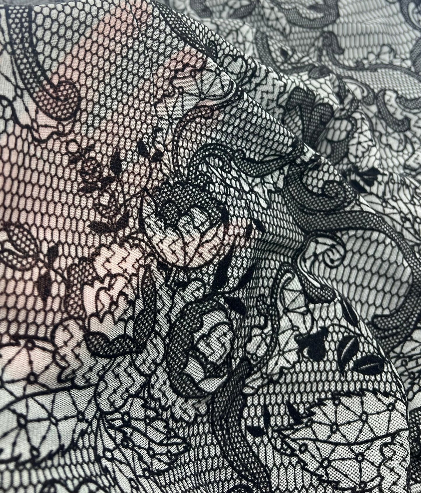 Slate Blue Floral Embossed Flocked Mesh Fabric 2 Way Stretch - T9 Fabrics