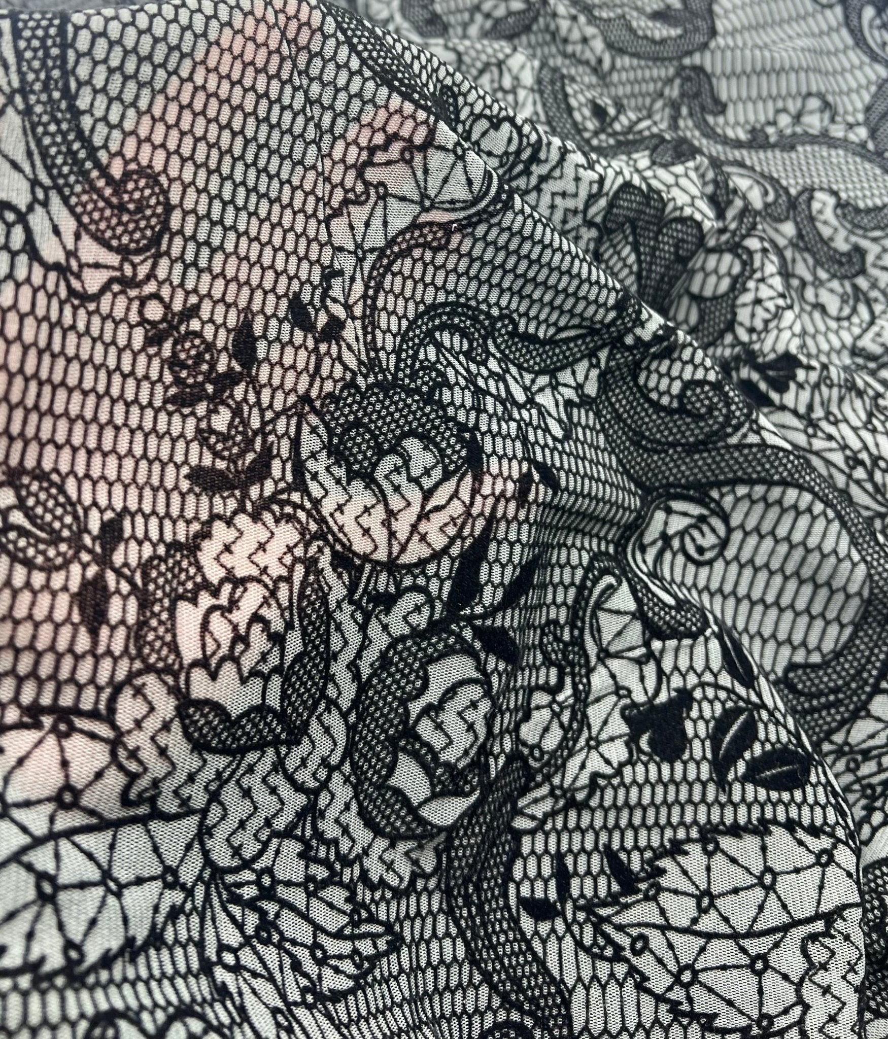 Slate Blue Floral Embossed Flocked Mesh Fabric 2 Way Stretch - T9 Fabrics