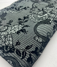 Slate Blue Floral Embossed Flocked Mesh Fabric 2 Way Stretch - T9 Fabrics