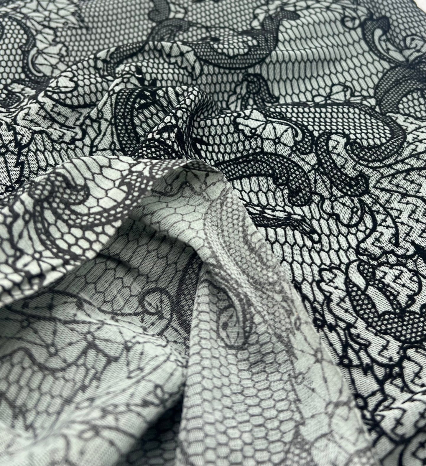 Slate Blue Floral Embossed Flocked Mesh Fabric 2 Way Stretch - T9 Fabrics