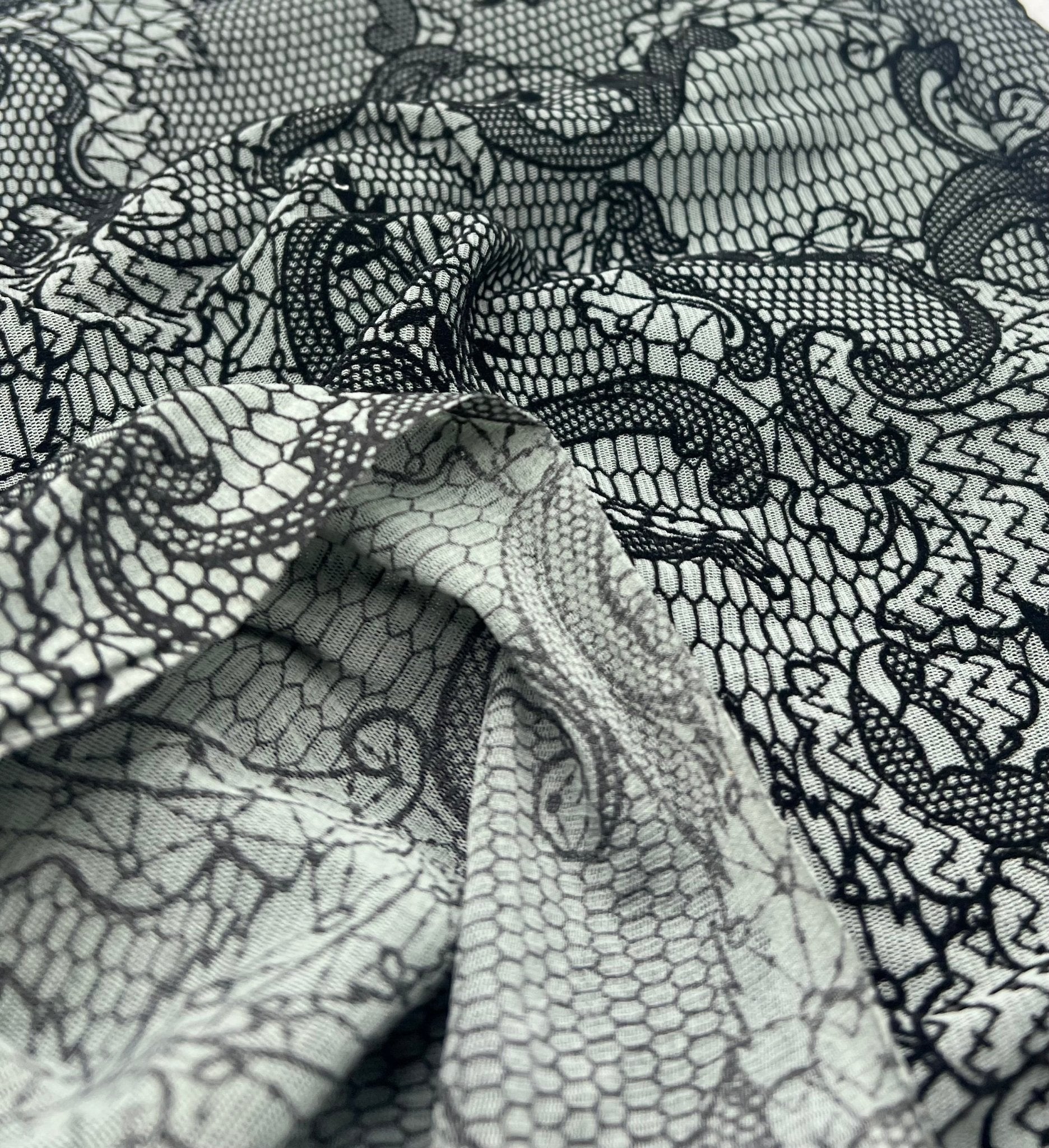 Slate Blue Floral Embossed Flocked Mesh Fabric 2 Way Stretch - T9 Fabrics