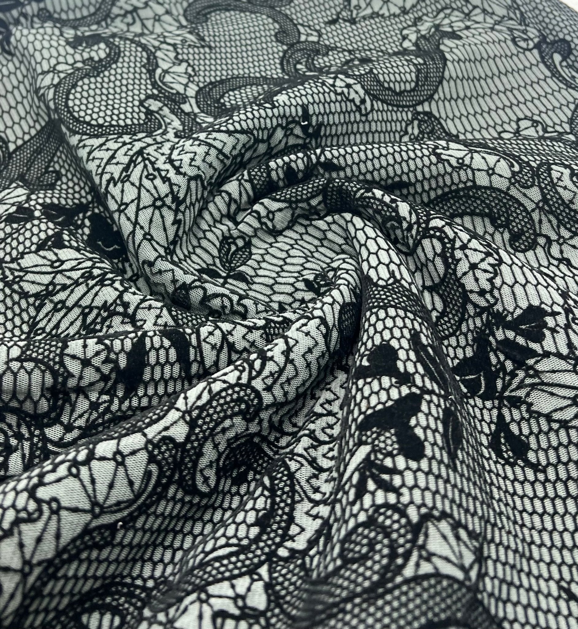 Slate Blue Floral Embossed Flocked Mesh Fabric 2 Way Stretch - T9 Fabrics