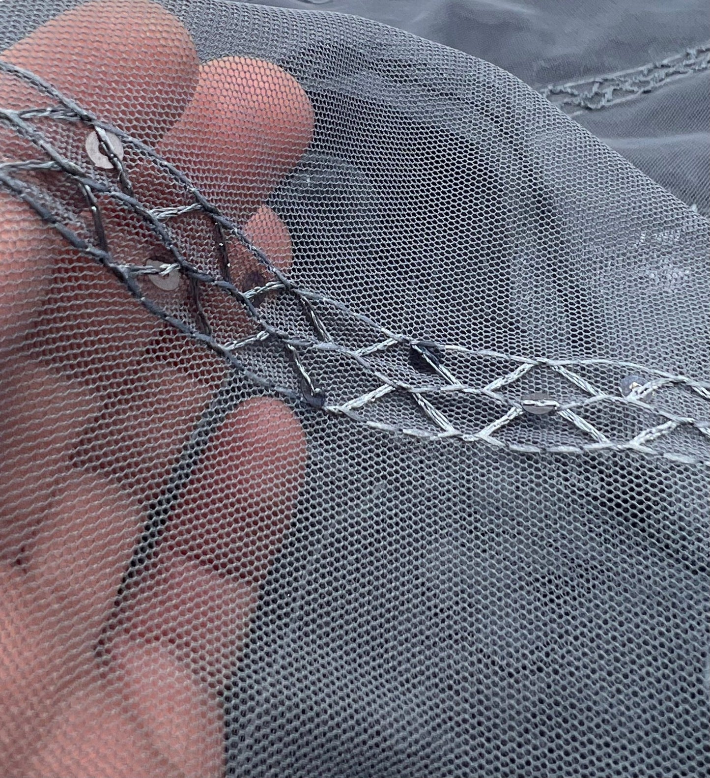 Slate Blue Sequin Ruffle Detail Mesh Fabric Stretch - T9 Fabrics