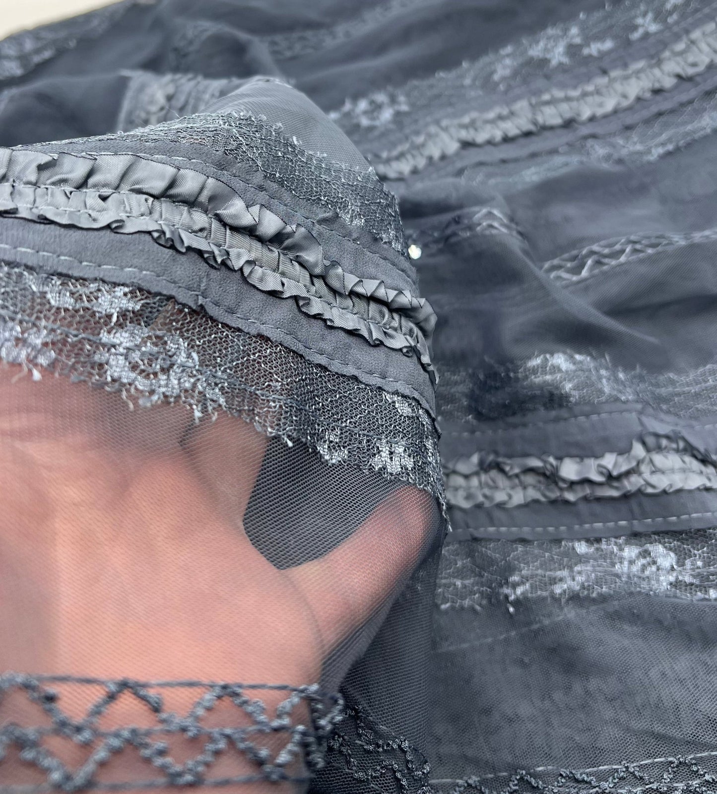 Slate Blue Sequin Ruffle Detail Mesh Fabric Stretch - T9 Fabrics