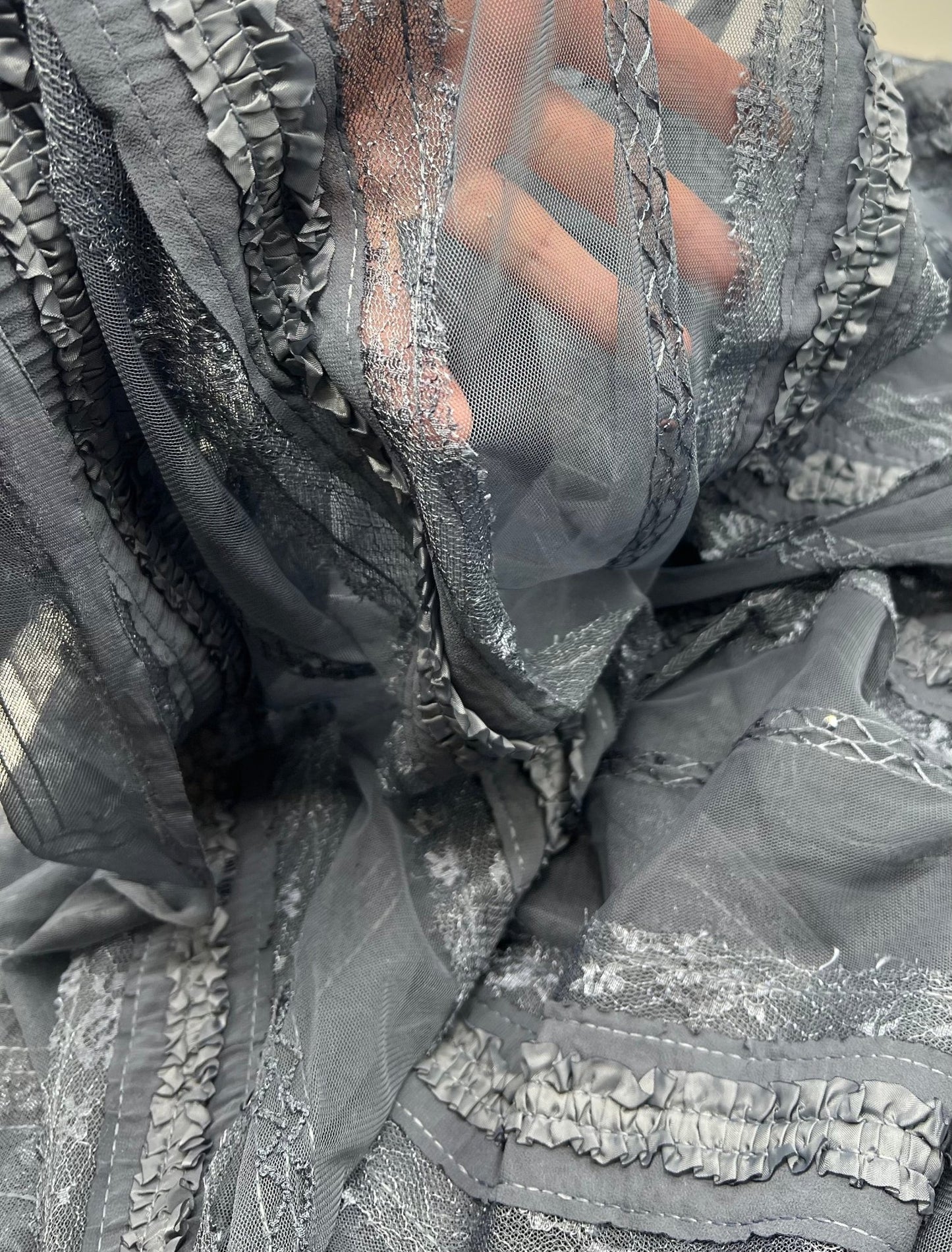 Slate Blue Sequin Ruffle Detail Mesh Fabric Stretch - T9 Fabrics