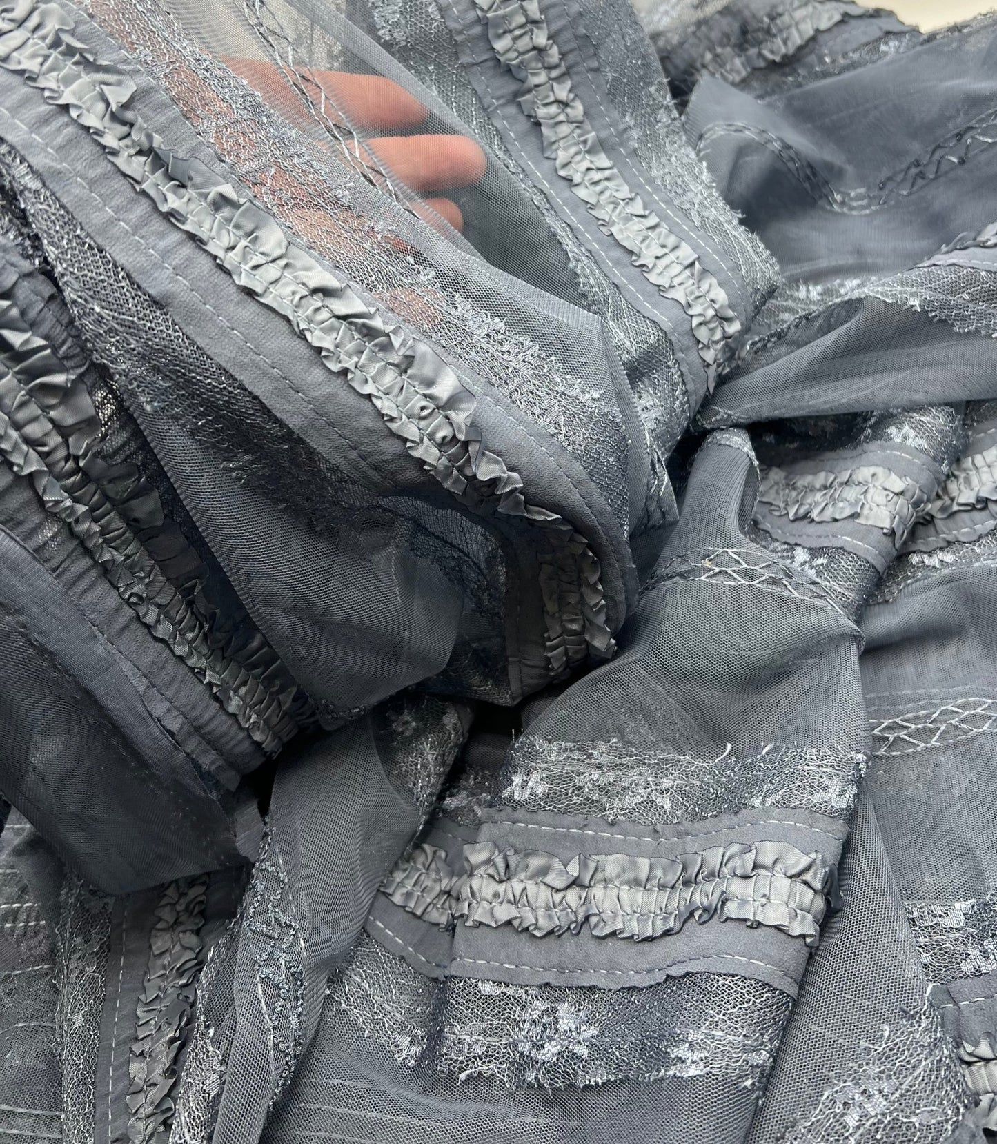 Slate Blue Sequin Ruffle Detail Mesh Fabric Stretch - T9 Fabrics