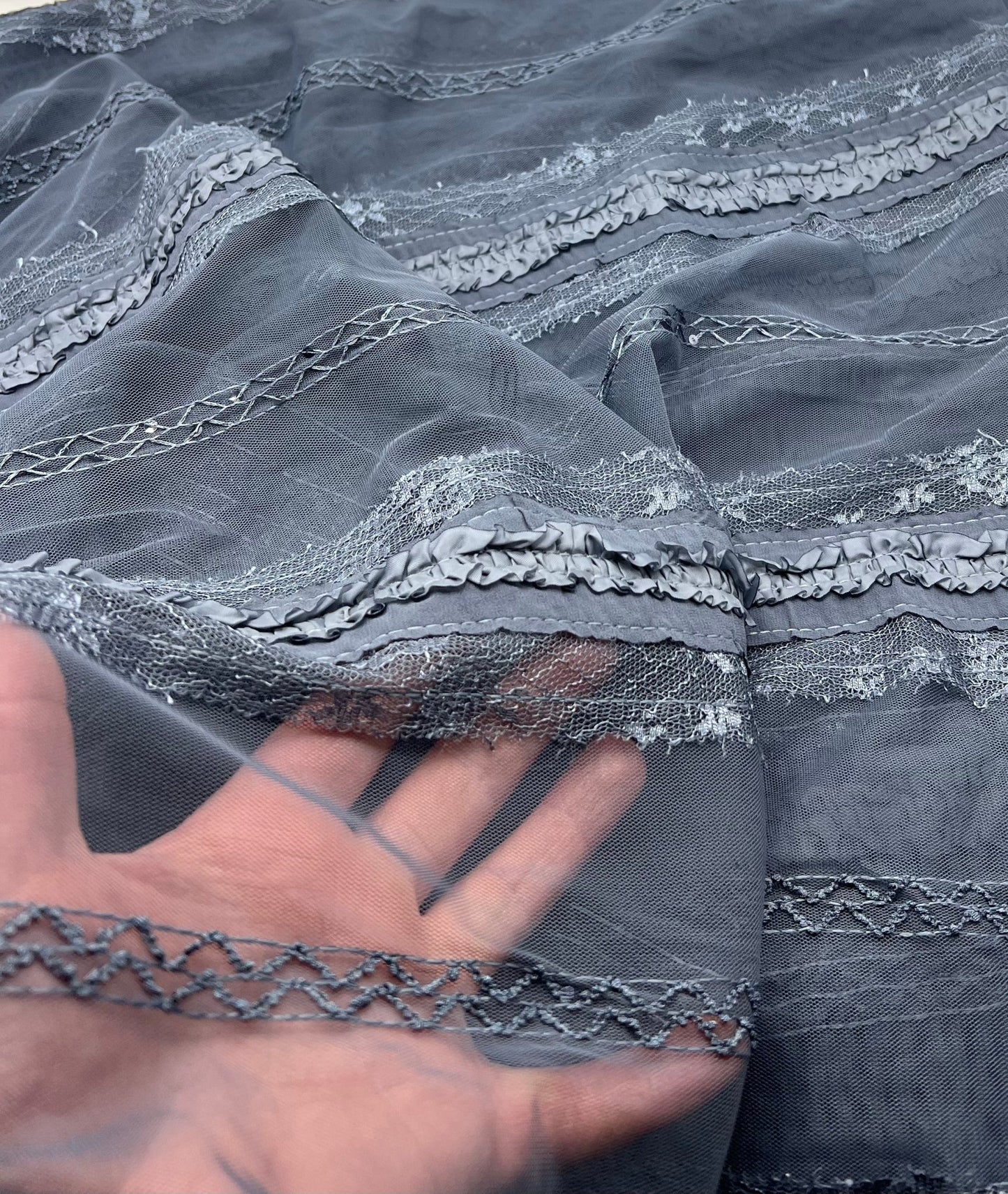 Slate Blue Sequin Ruffle Detail Mesh Fabric Stretch - T9 Fabrics