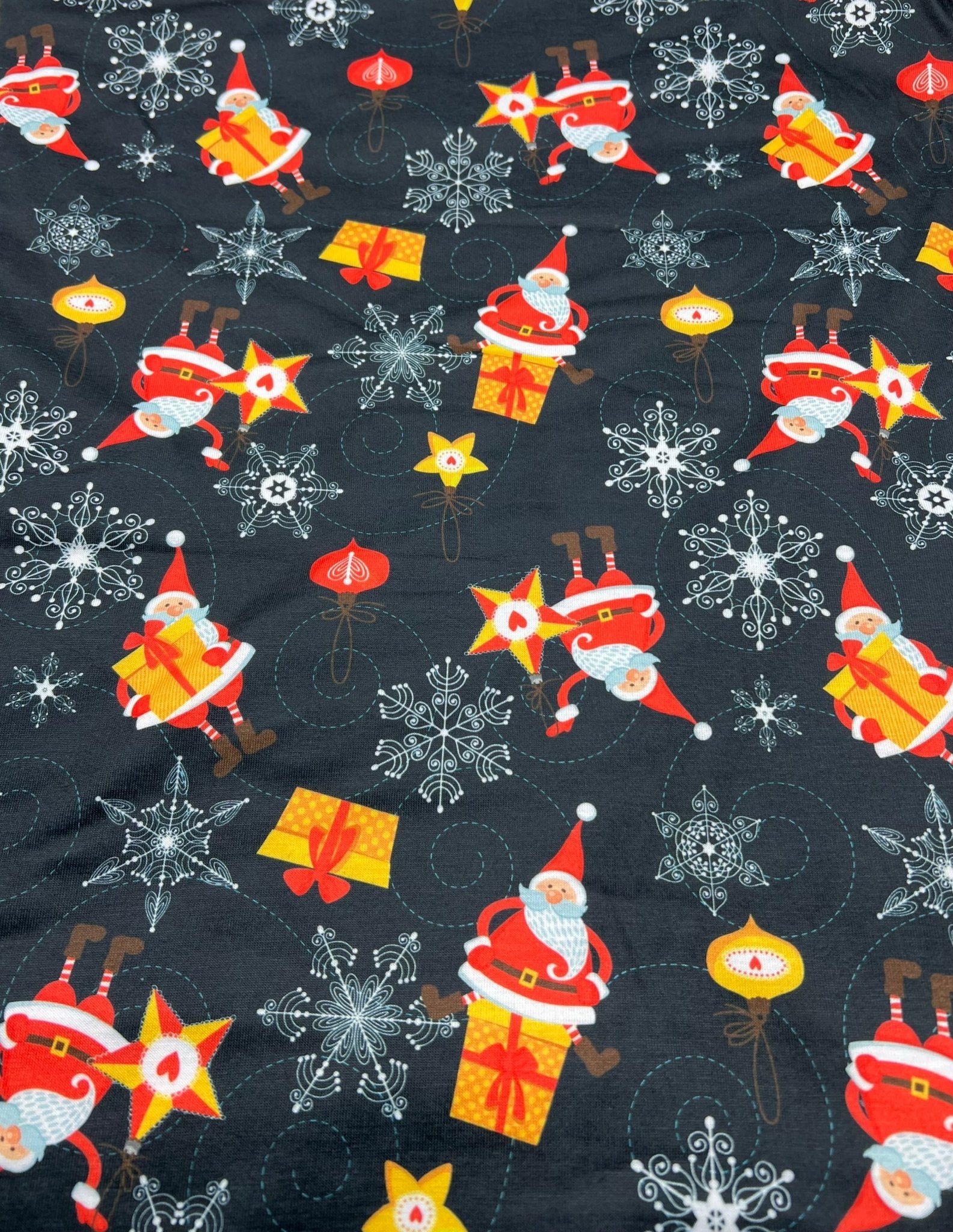 Snowflake Santa Print Soft Spun Poly Stretch Fabric - T9 Fabrics