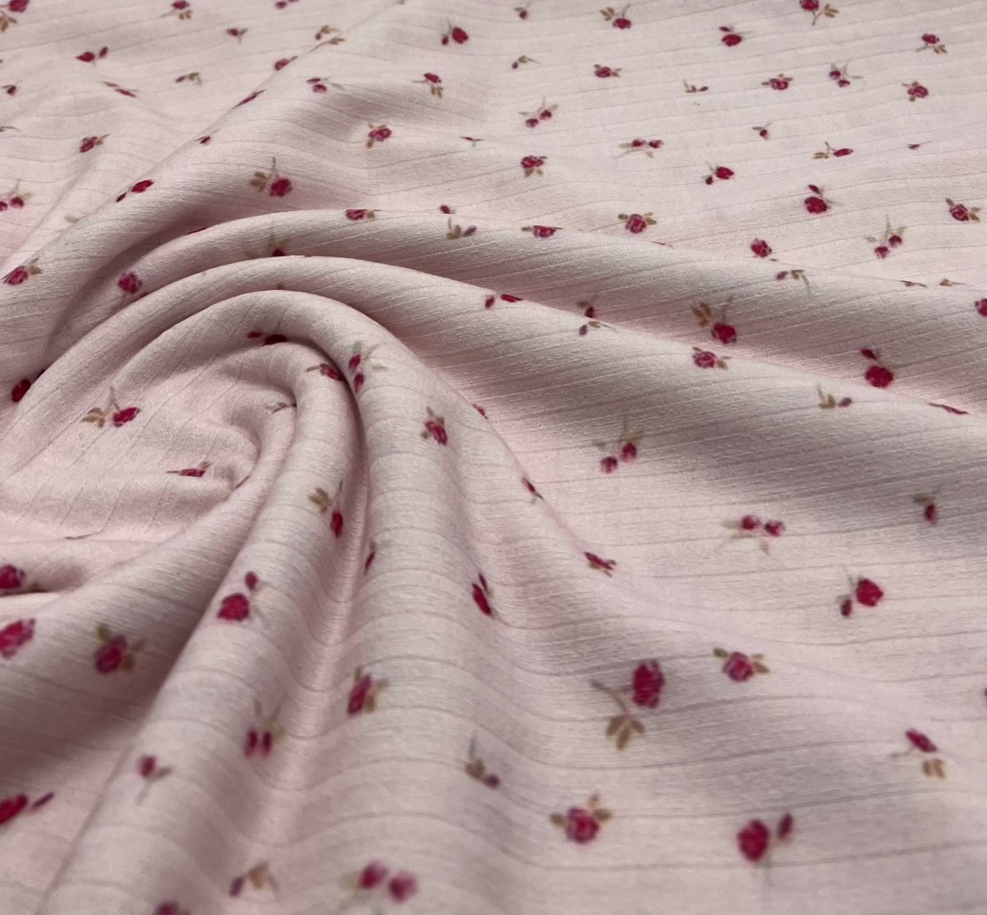 Soft Pink Ditsy Floral Ditsy Print 8x4 Wide Rib Stretch Fabric - T9 Fabrics