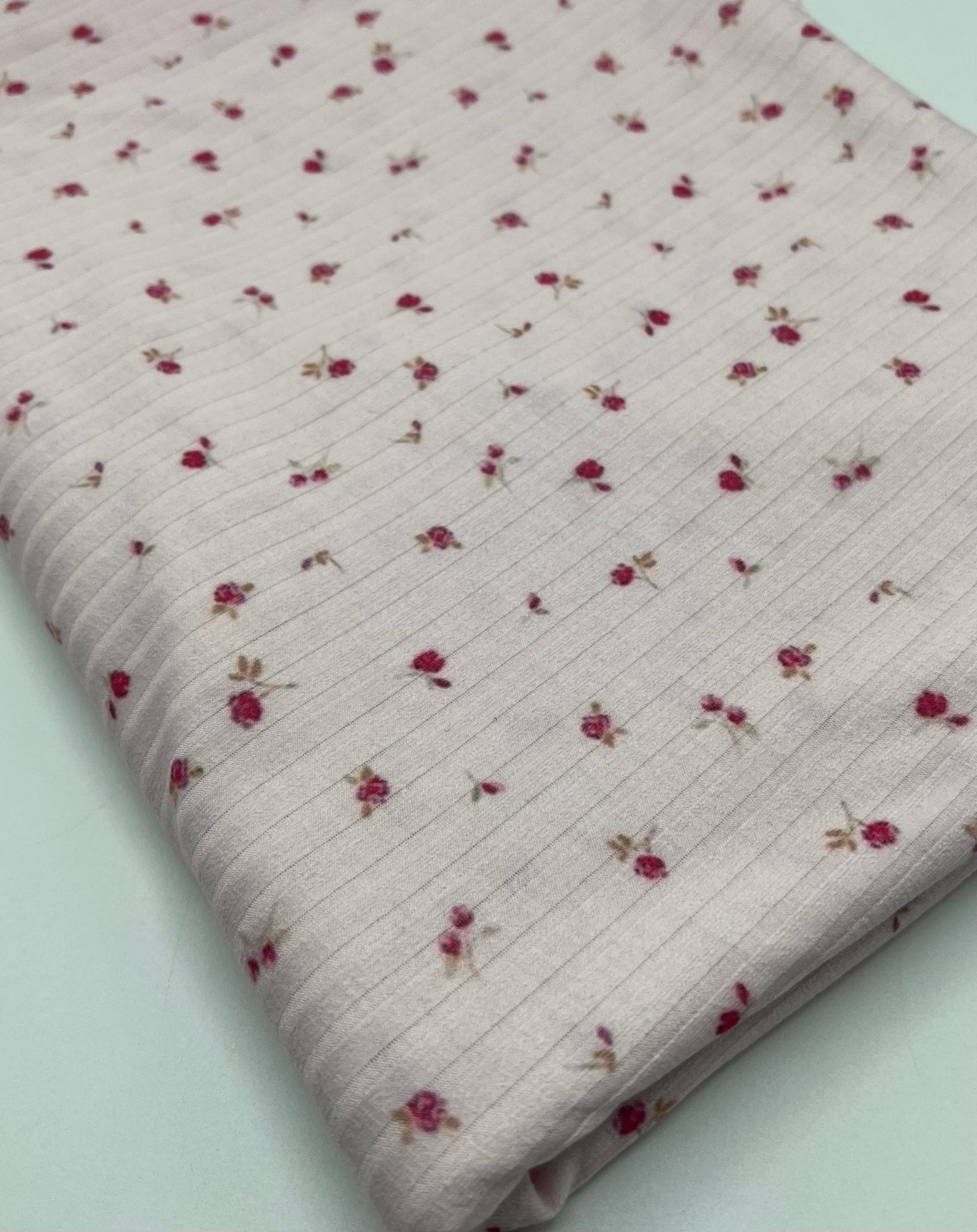 Soft Pink Ditsy Floral Ditsy Print 8x4 Wide Rib Stretch Fabric - T9 Fabrics