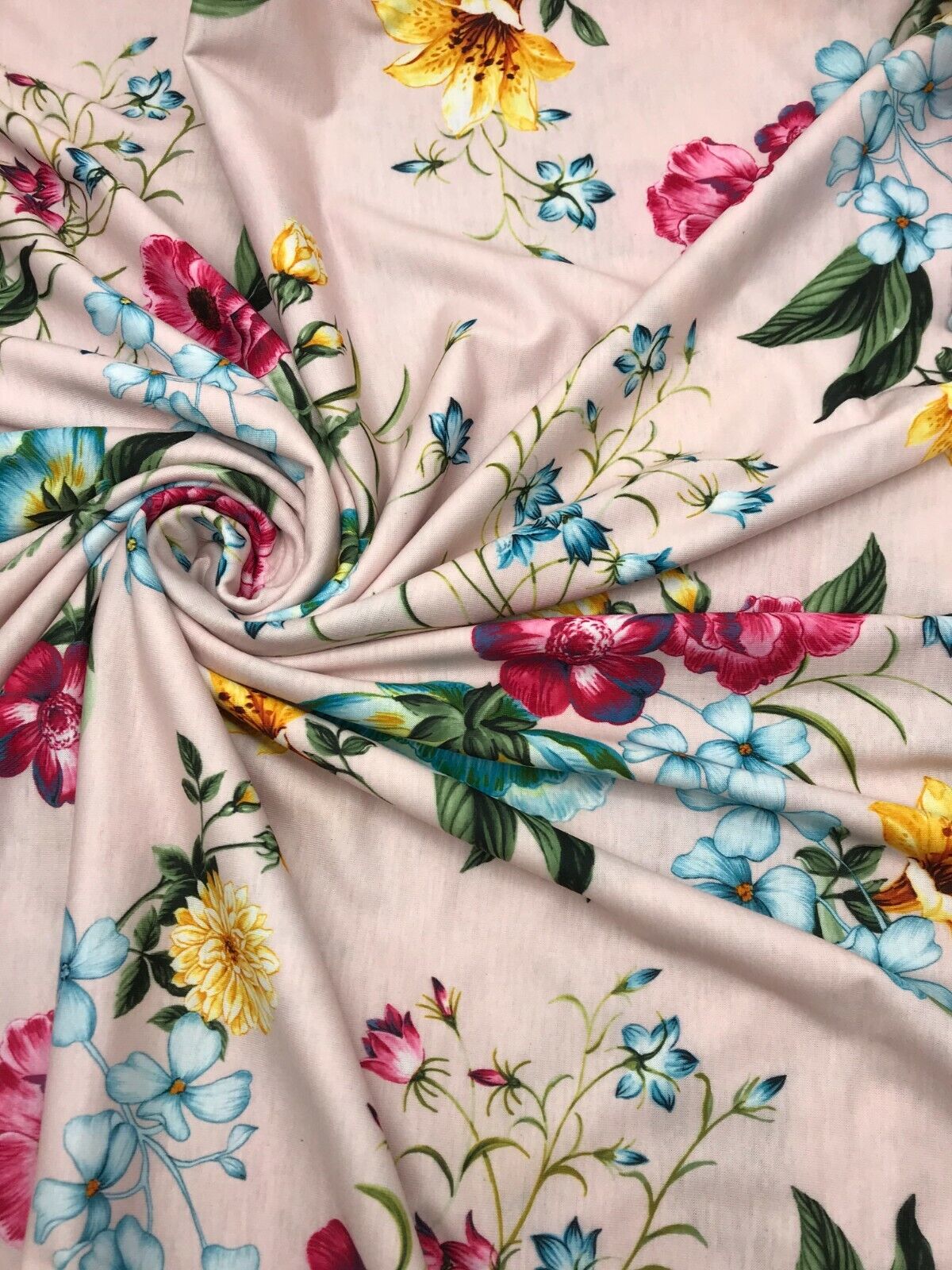 Soft Pink Floral Print Spun Poly Stretch Fabric - T9 Fabrics