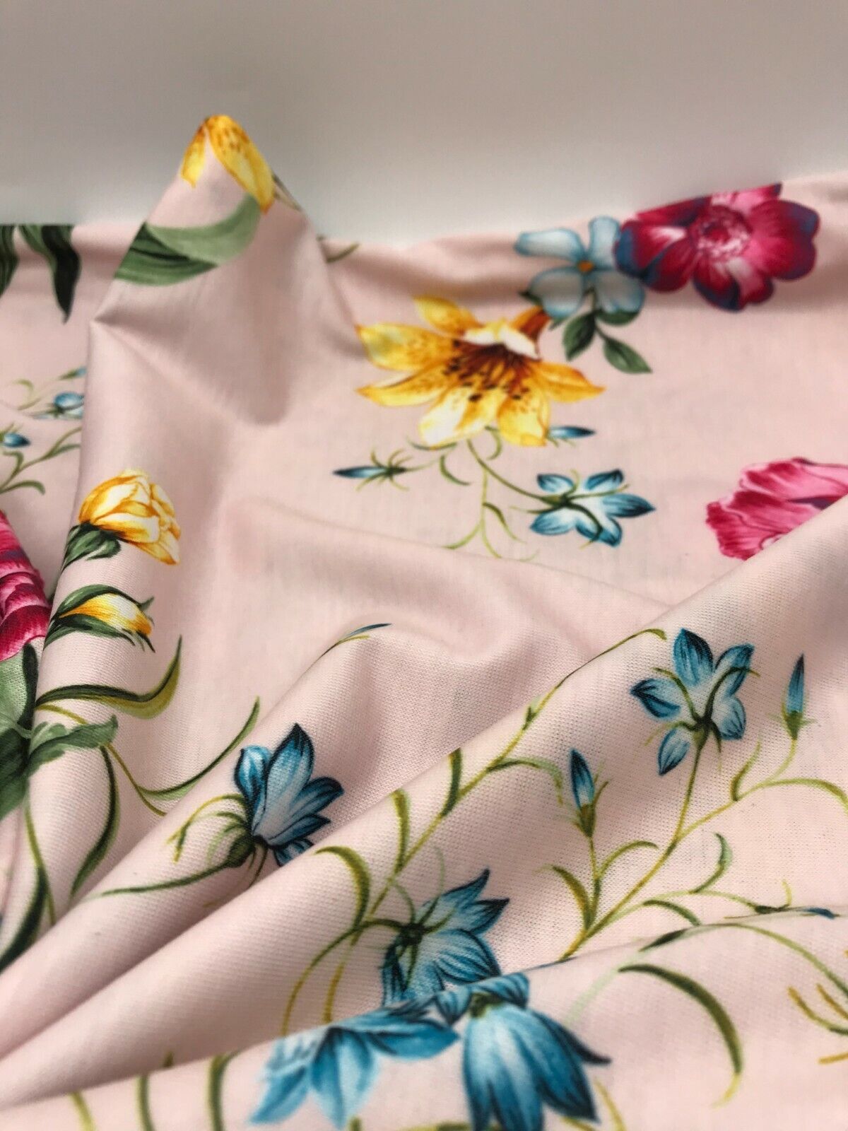 Soft Pink Floral Print Spun Poly Stretch Fabric - T9 Fabrics