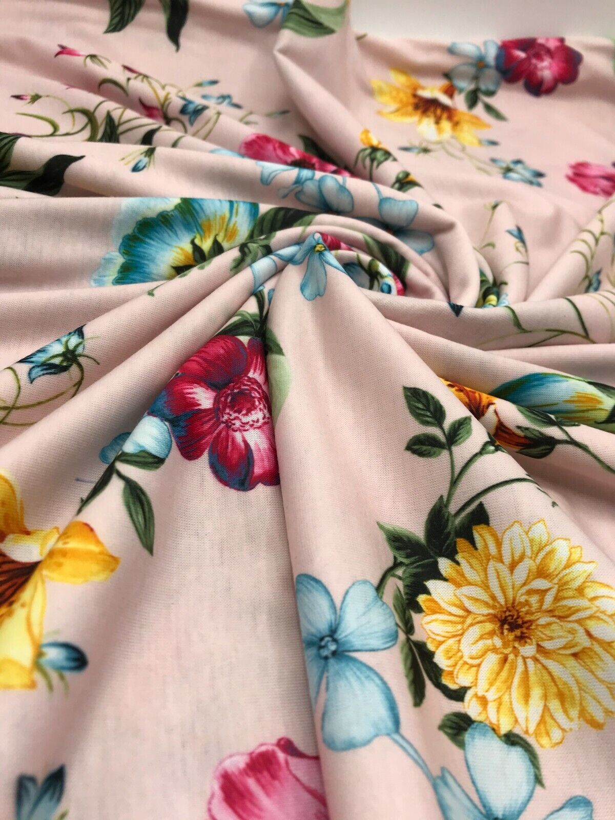 Soft Pink Floral Print Spun Poly Stretch Fabric - T9 Fabrics