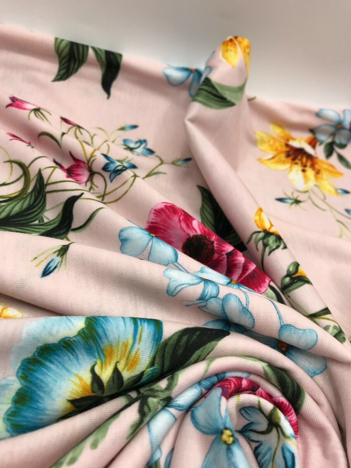 Soft Pink Floral Print Spun Poly Stretch Fabric - T9 Fabrics