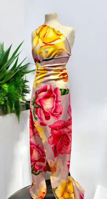 Soft Pink Floral Printed Plain Scuba 4 Way Stretch Jersey Fabric - T9 Fabrics