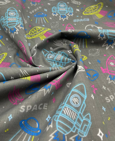 Space Jam Printed Poly Cotton 90 GSM 80/20 44 Inch Non Stretch - T9 Fabrics
