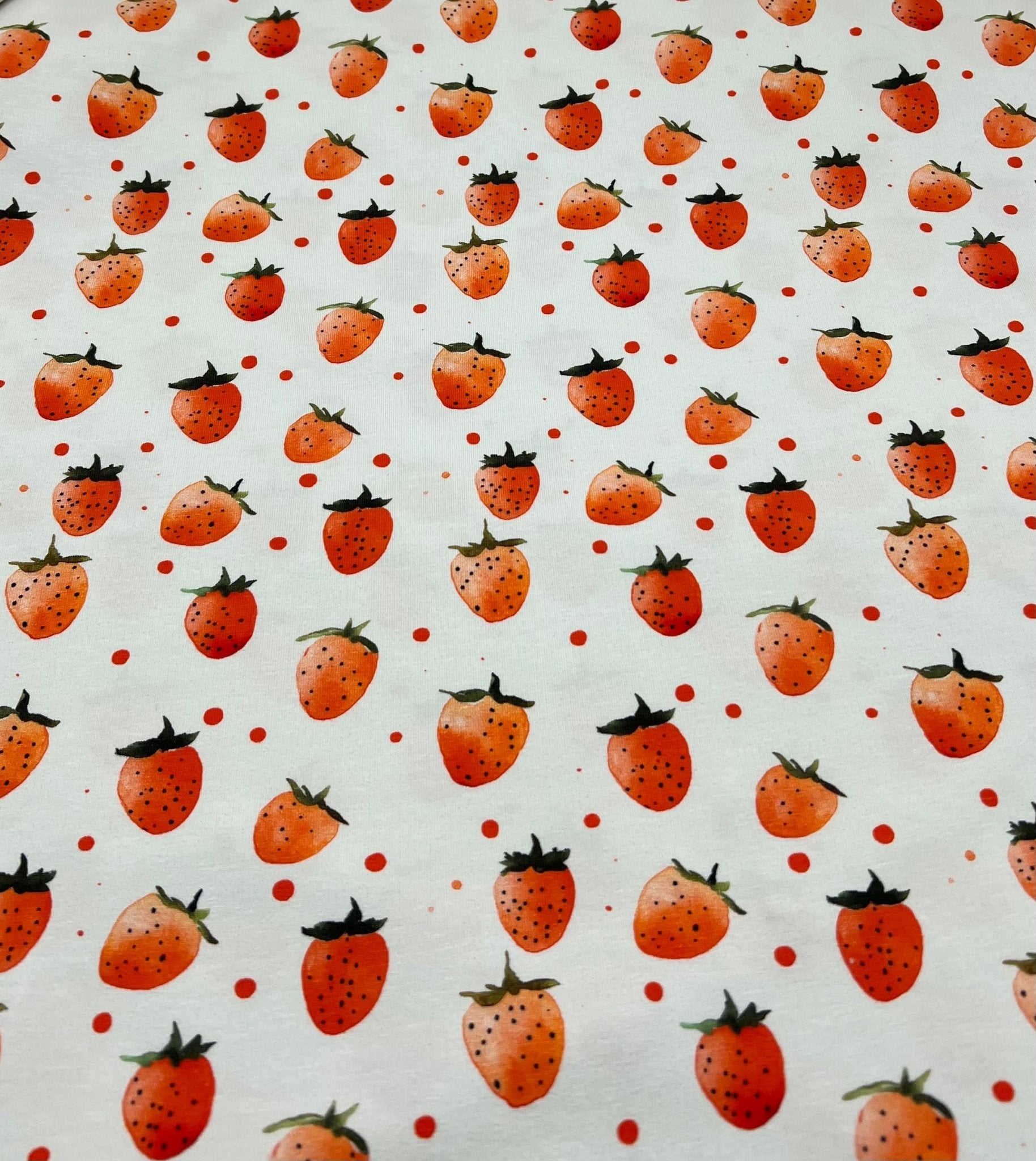 Strawberry's Print Cotton Stretch Jersey 200 GSM 95/5 Lycra 4 Way Stretch - T9 Fabrics