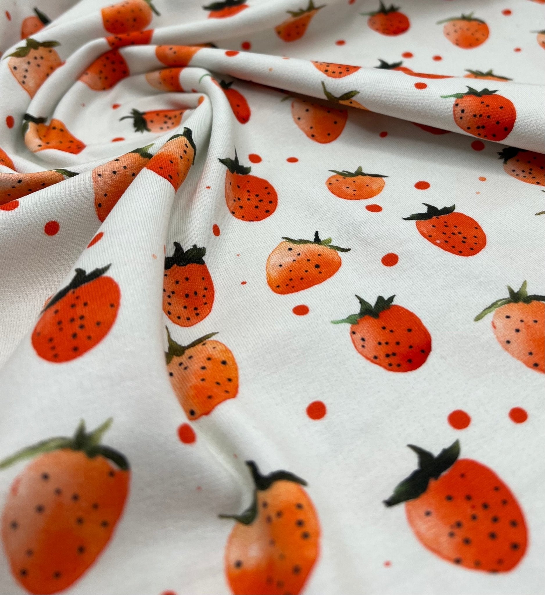 Strawberry's Print Cotton Stretch Jersey 200 GSM 95/5 Lycra 4 Way Stretch - T9 Fabrics