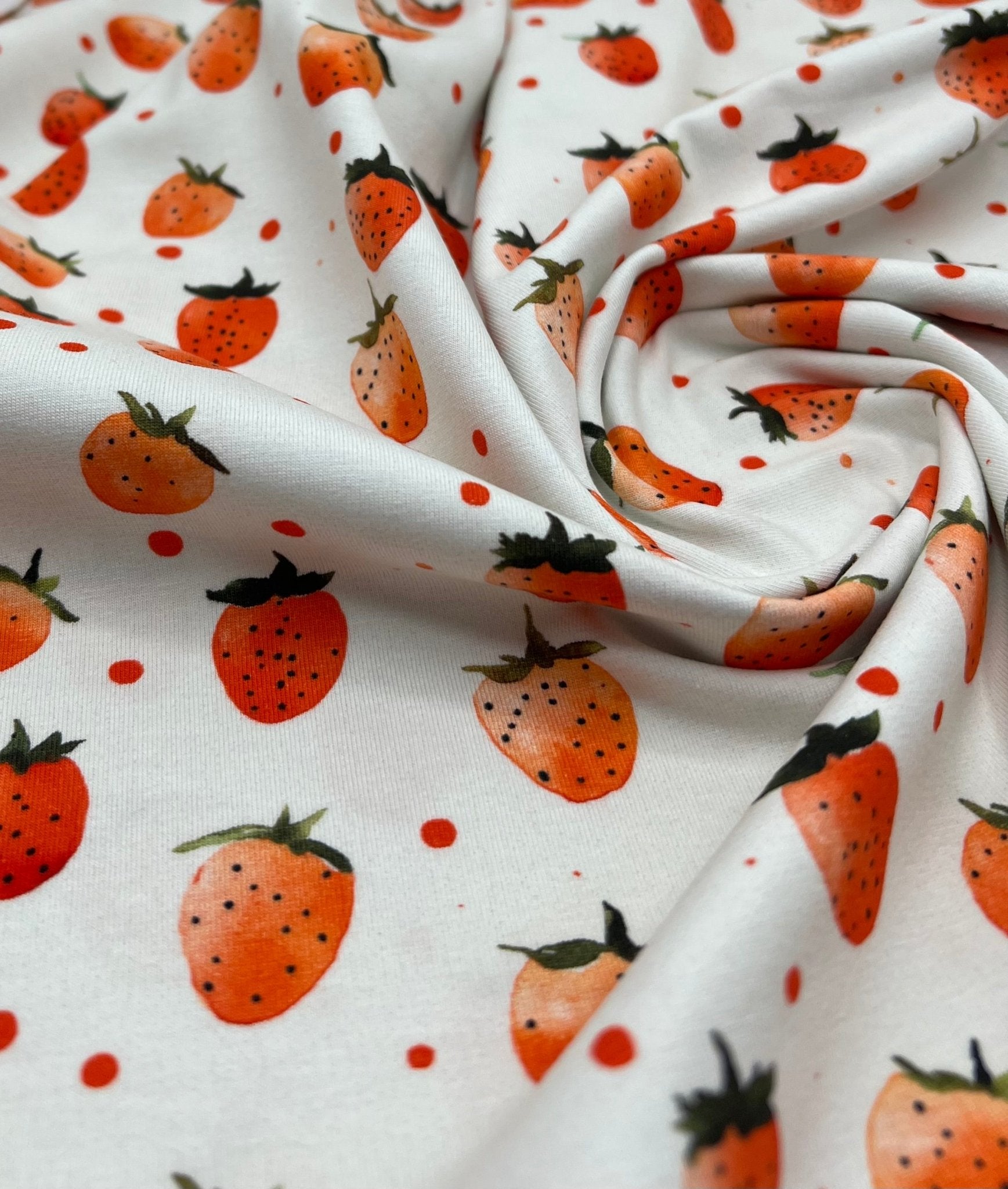Strawberry's Print Cotton Stretch Jersey 200 GSM 95/5 Lycra 4 Way Stretch - T9 Fabrics