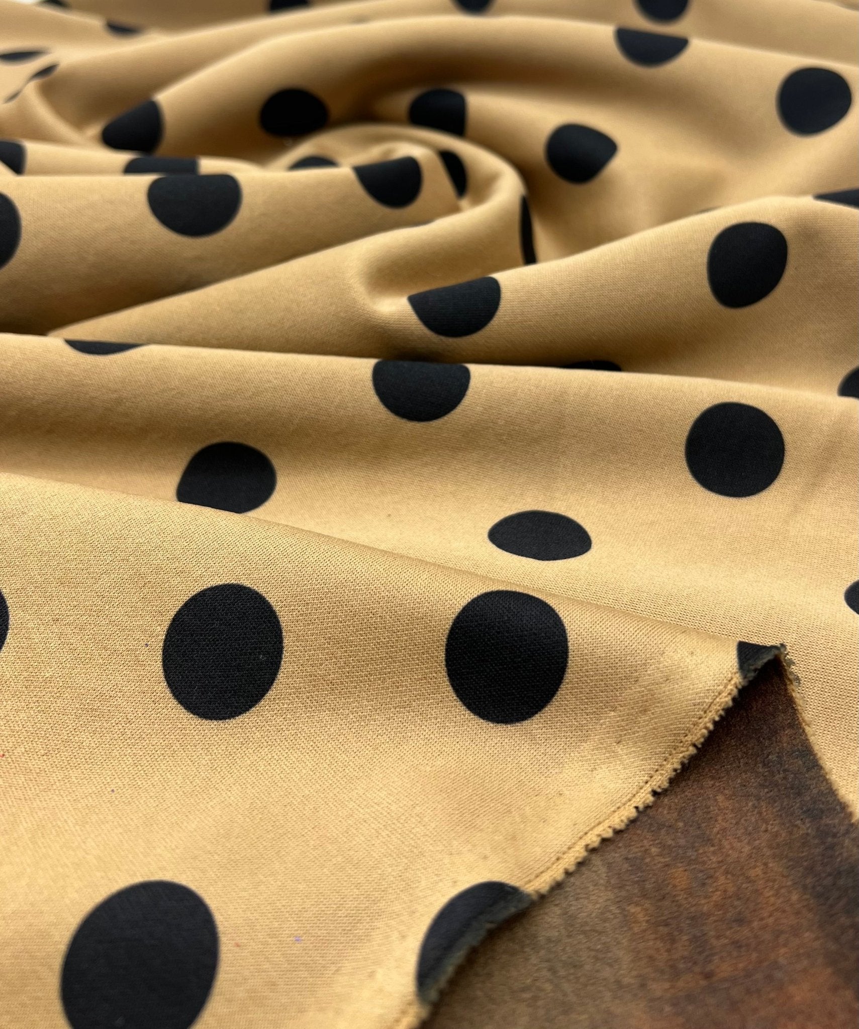 Tan Black Polka Printed Plain Scuba 2 Way Stretch Jersey Fabric - T9 Fabrics