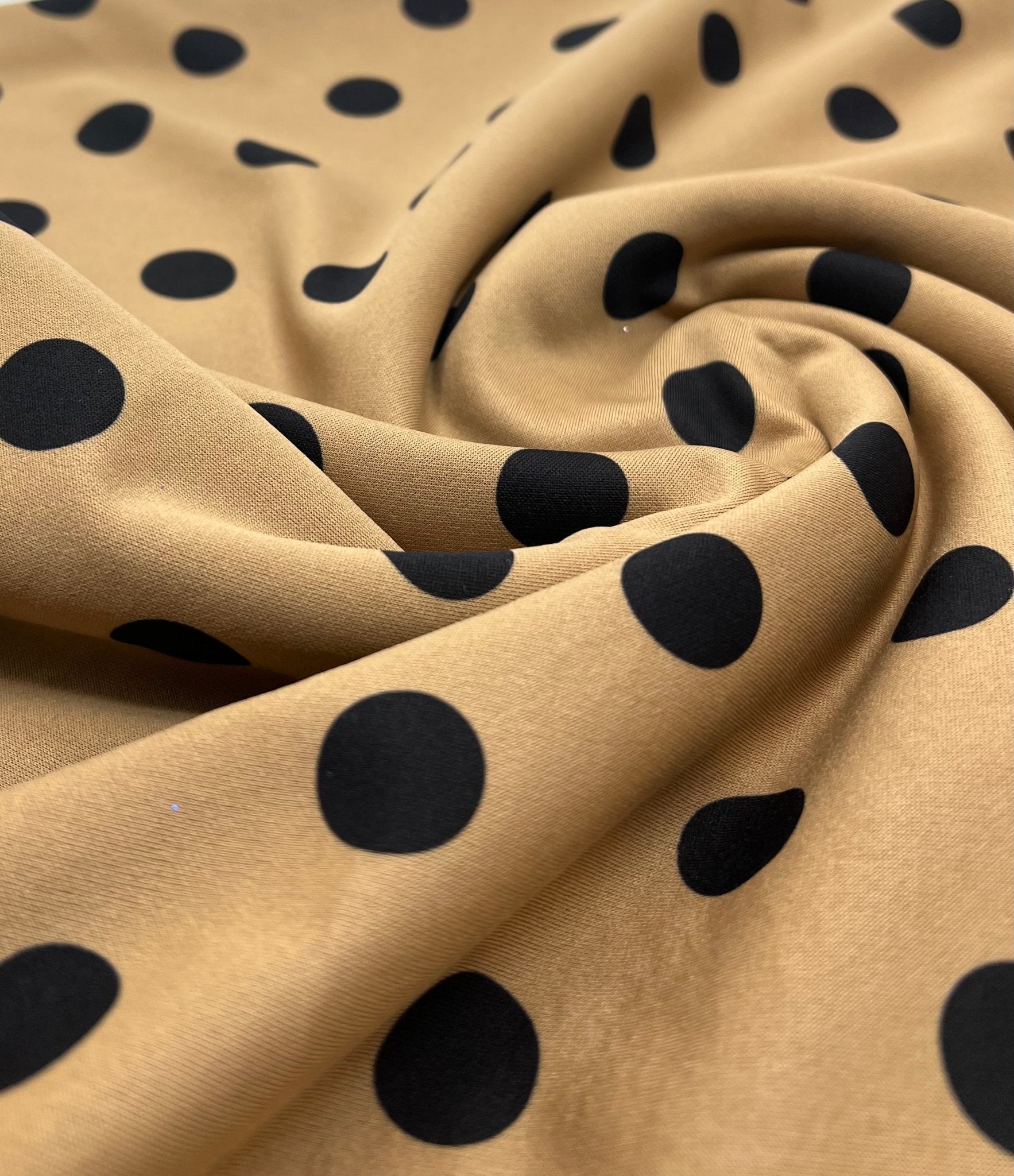 Tan Black Polka Printed Plain Scuba 2 Way Stretch Jersey Fabric - T9 Fabrics