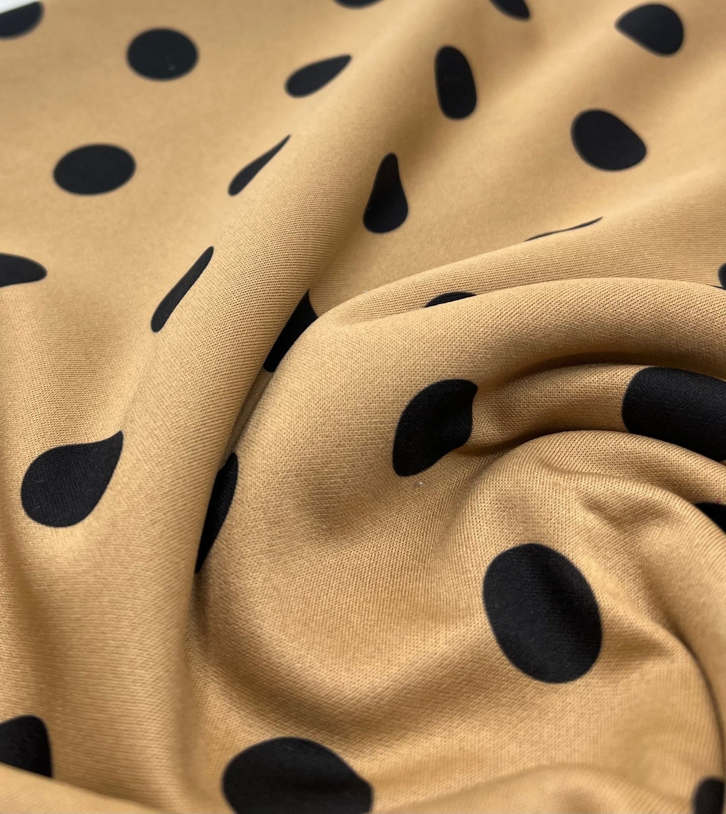 Tan Black Polka Printed Plain Scuba 2 Way Stretch Jersey Fabric - T9 Fabrics