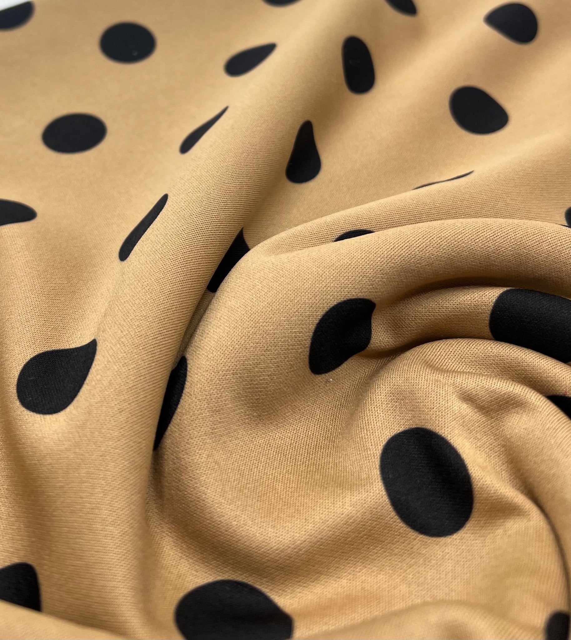 Tan Black Polka Printed Plain Scuba 2 Way Stretch Jersey Fabric - T9 Fabrics