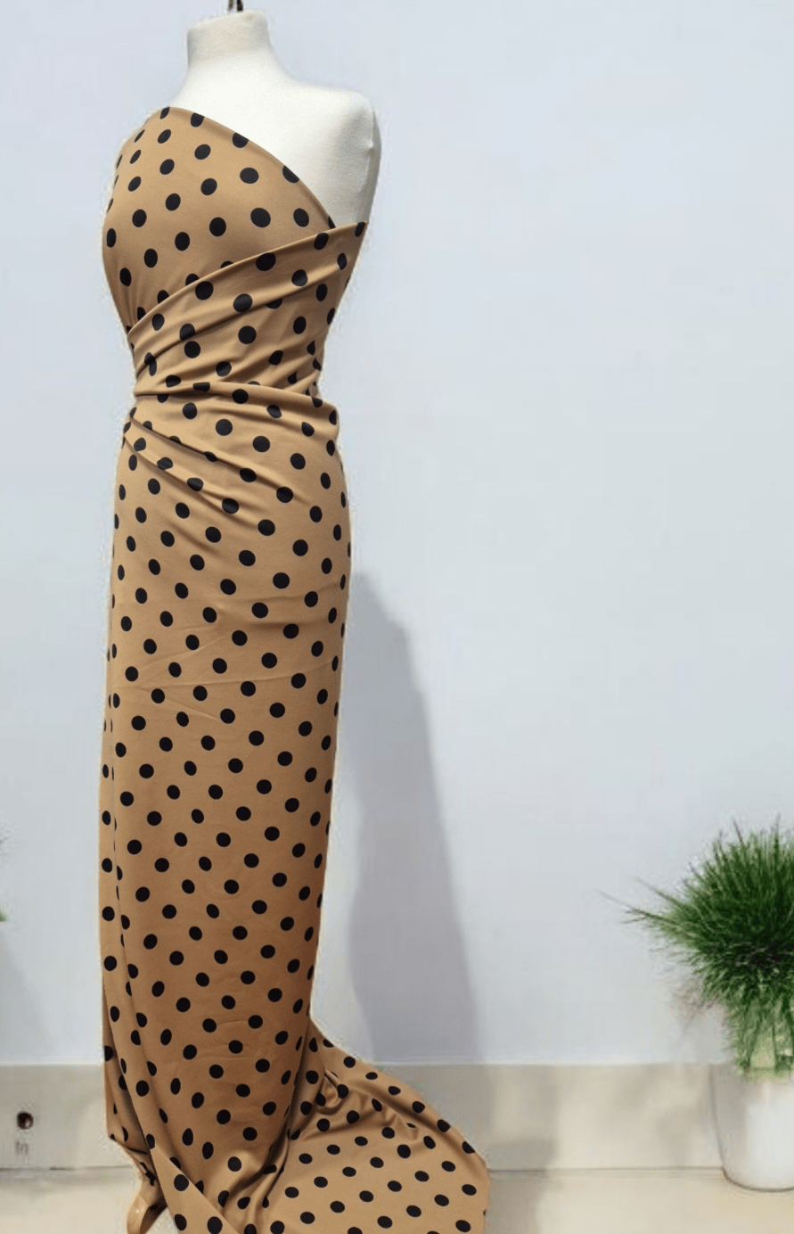 Tan Black Polka Printed Plain Scuba 2 Way Stretch Jersey Fabric - T9 Fabrics